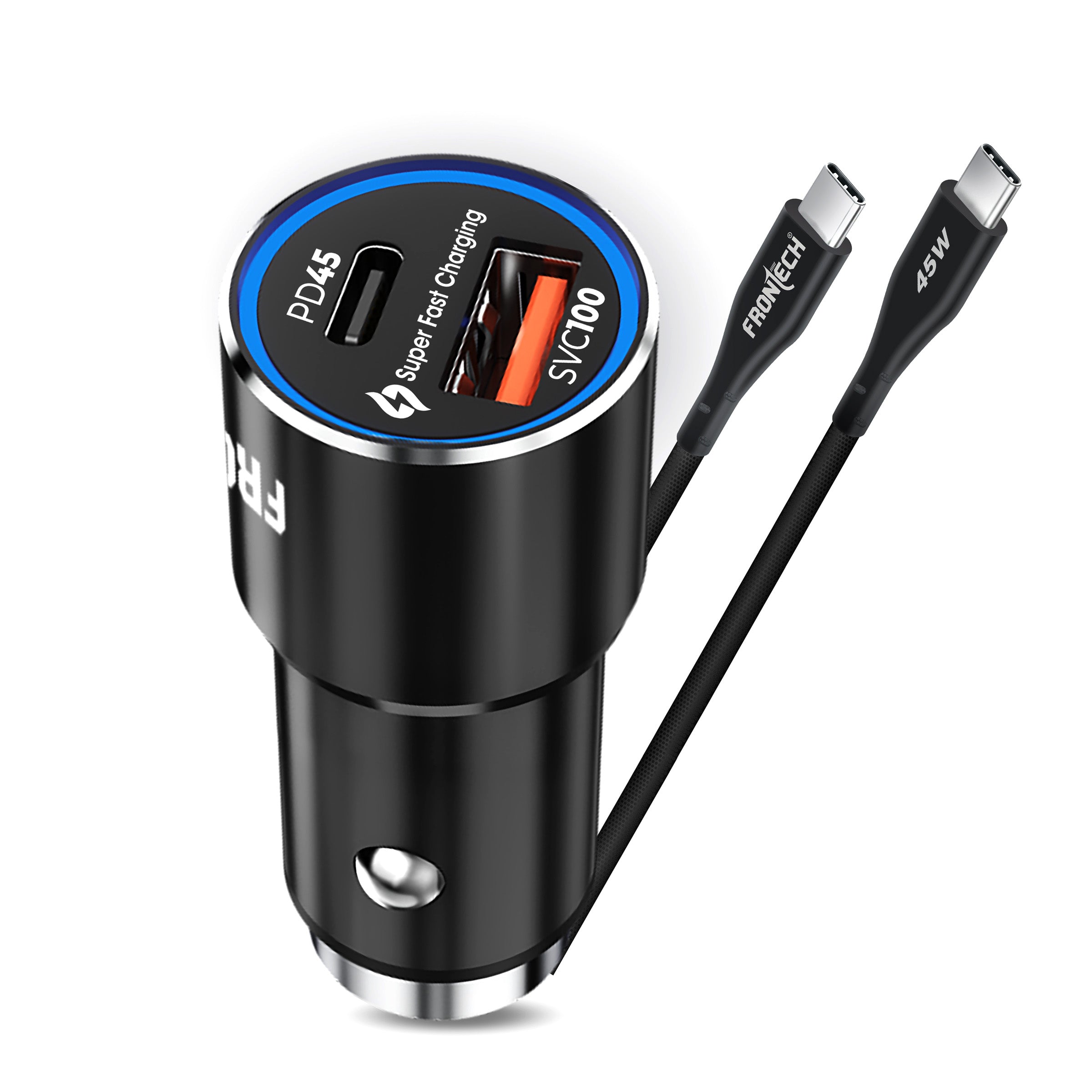 Frontech Super-Fast Car Charger | 145W Dual Port | Type-C PD 45W + USB QC 100W | Anti-Vibration | Compact Design | 1M Type-C Cable | Secure Fit (CCH-0005)