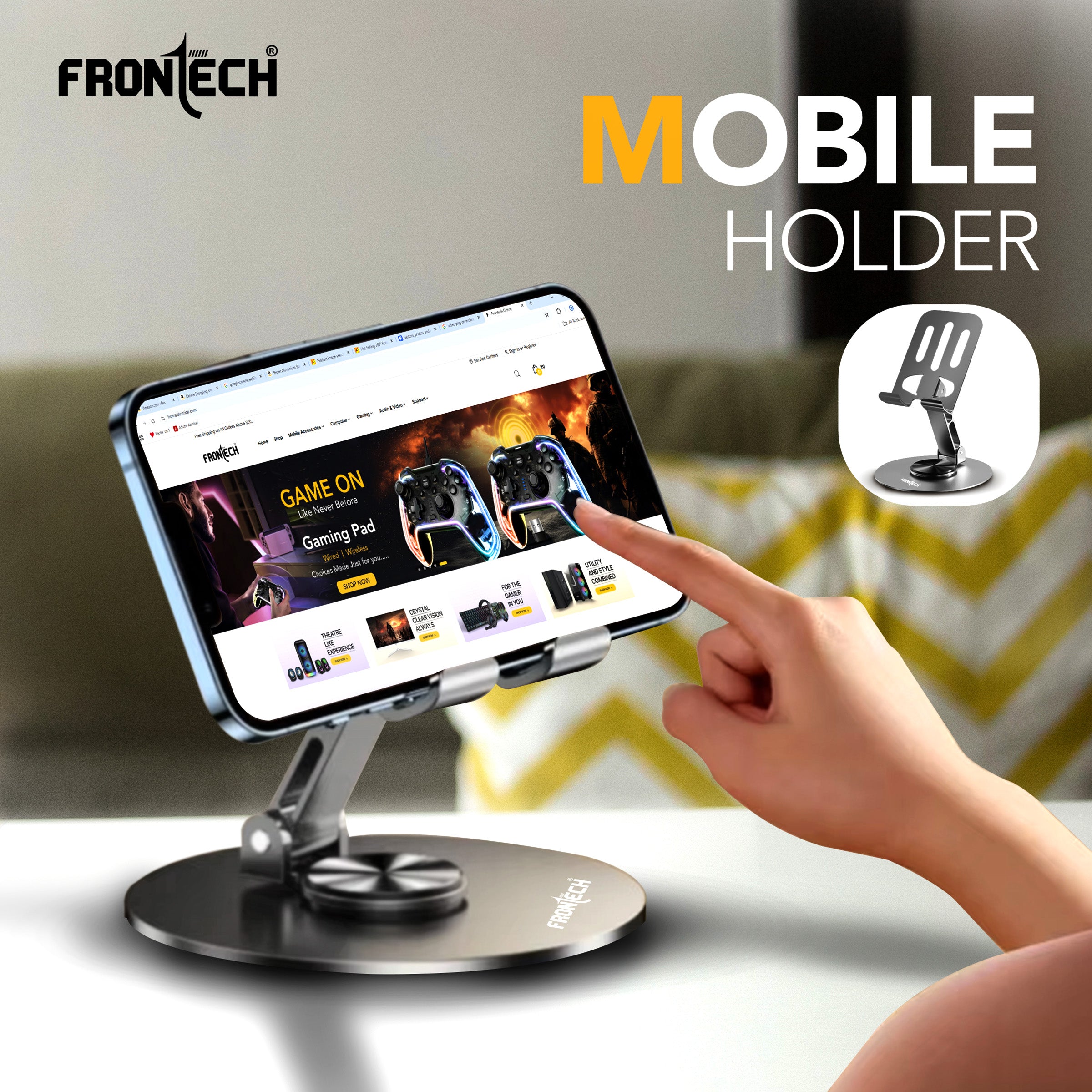 Frontech Mobile Holder, 360° Rotatable & Foldable Mobile Phone Holder With Stable Metallic base,Adjustable Height, Anti Skid Pad,Tabletop Mobile Phone Stand for all Smartphones. (CCH-0014GRY)