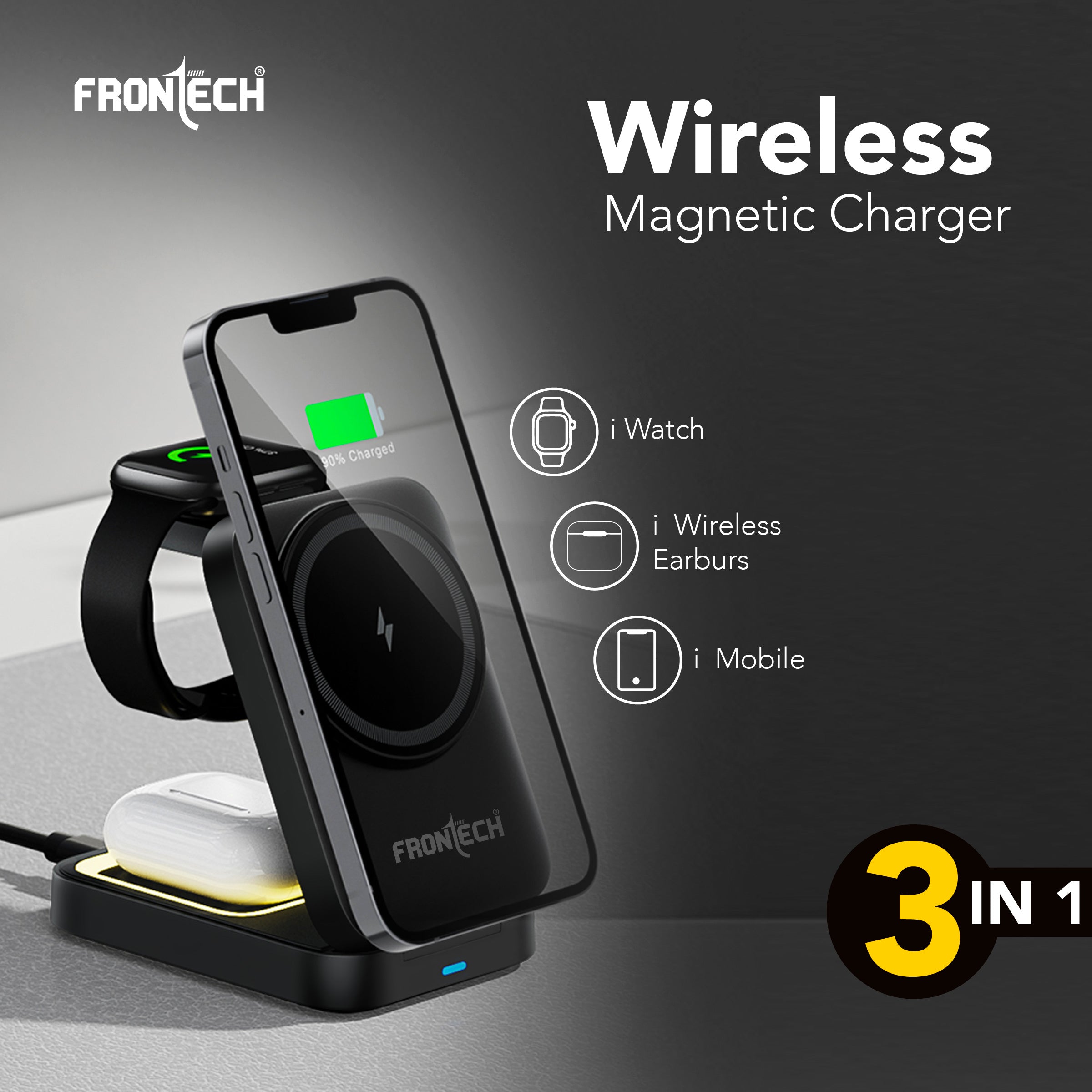 Frontech 3-in-1 Magnetic Wireless Charger with Night Light, Fast Charging, Type-C Input, for iPhone, AirPods & Apple Watch – ABS + Silicone Build, Foldable Stand Design (CCH-0017B)
