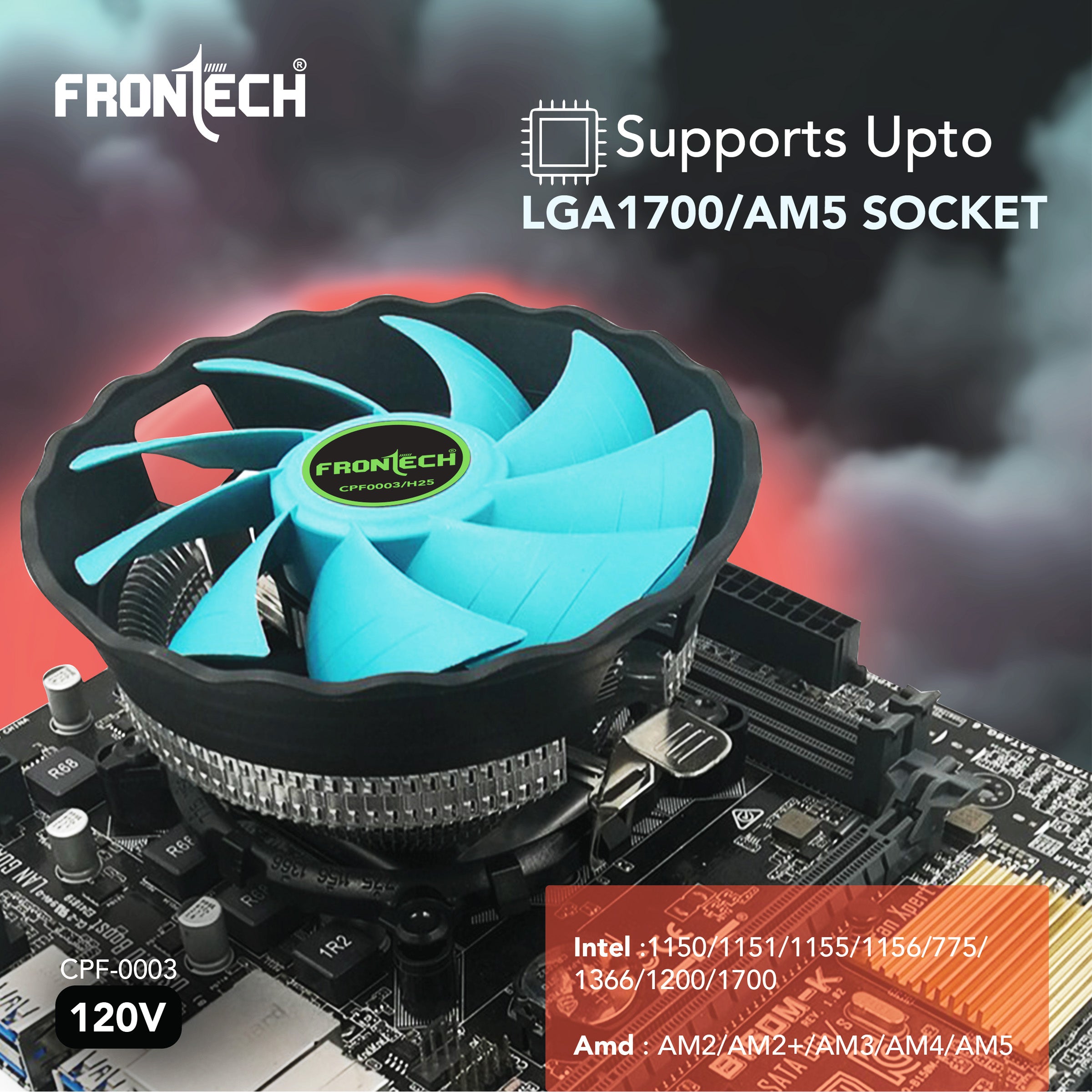 Frontech CPU Cooler with Heatsink, 120mm Fan, 1500 RPM, Silent Operation, 3-Pin 12V Connector, Easy Clip Installation, Supports Intel LGA1700/1200/115x & AMD AM5/AM4/AM3 (CPF-0003)