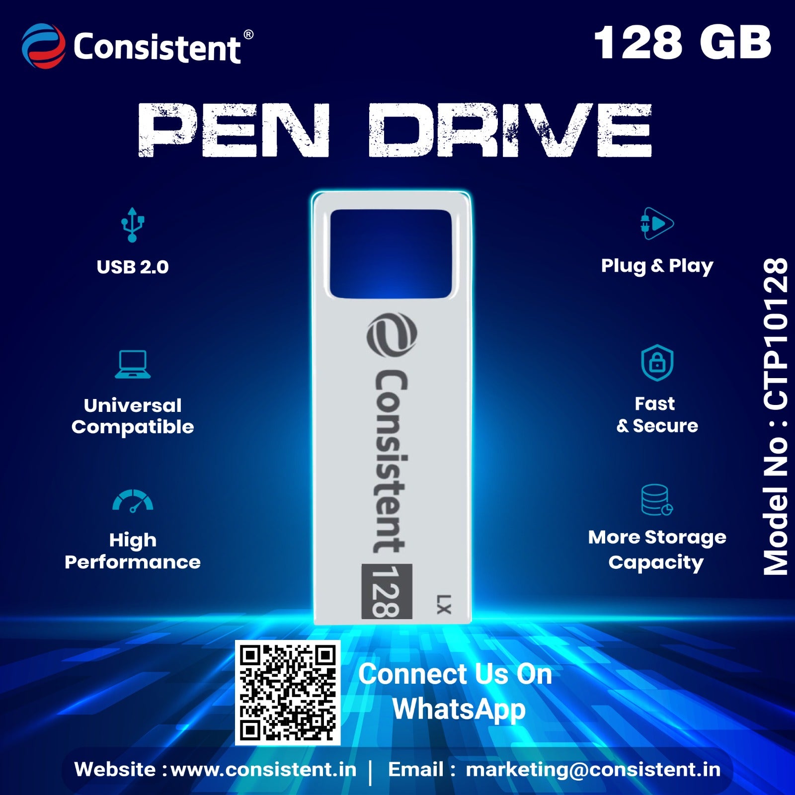 Consistent 128 GB Pen Drive 2.0 (Grey) 5 Year Warranty
