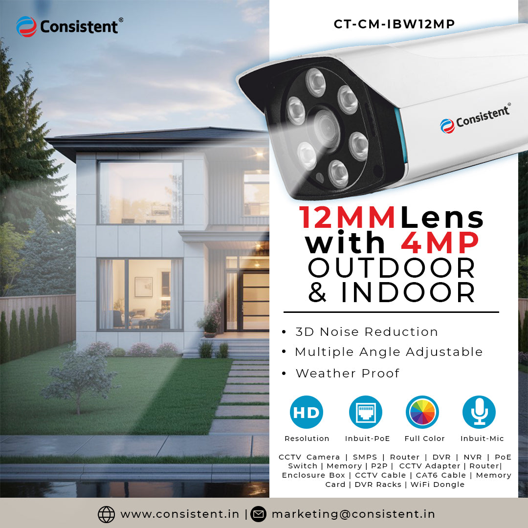Consistent 12MM 4MP IP Outdoor Warm Bullet Camera, | Multiple Angle Adjustment | 3D Noise Reduction | Inbuilt MIC | Support ONVIF | Weather Proof | Inbuilt POE | Color Distance 60 meters.