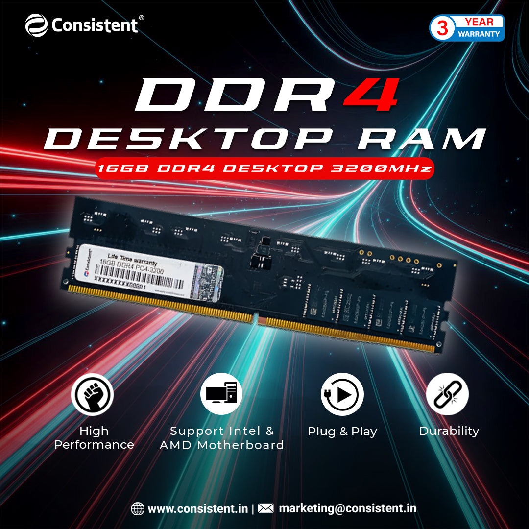 Consistent 16GB DDR4 Desktop RAM,3200MHz 'Reduce power consumption by up to 40% and extend battery life 3 Years Replacement Warranty
