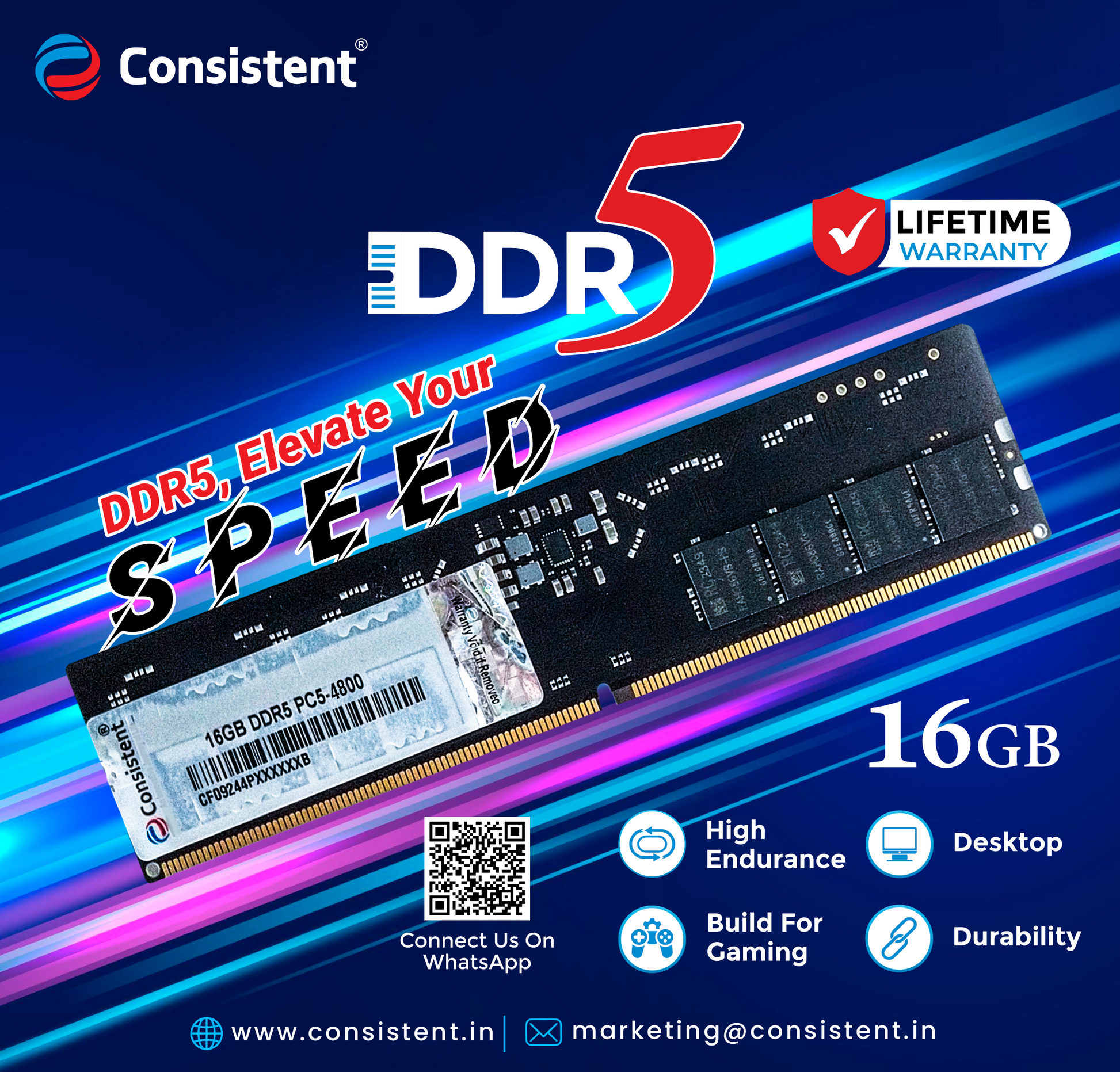 Consistent 16GB DDR5 Yeti Desktop Ram for PC 4800mhz with life time warranty Works with DDR5-enabled motherboards and processors for next-generation computing systems