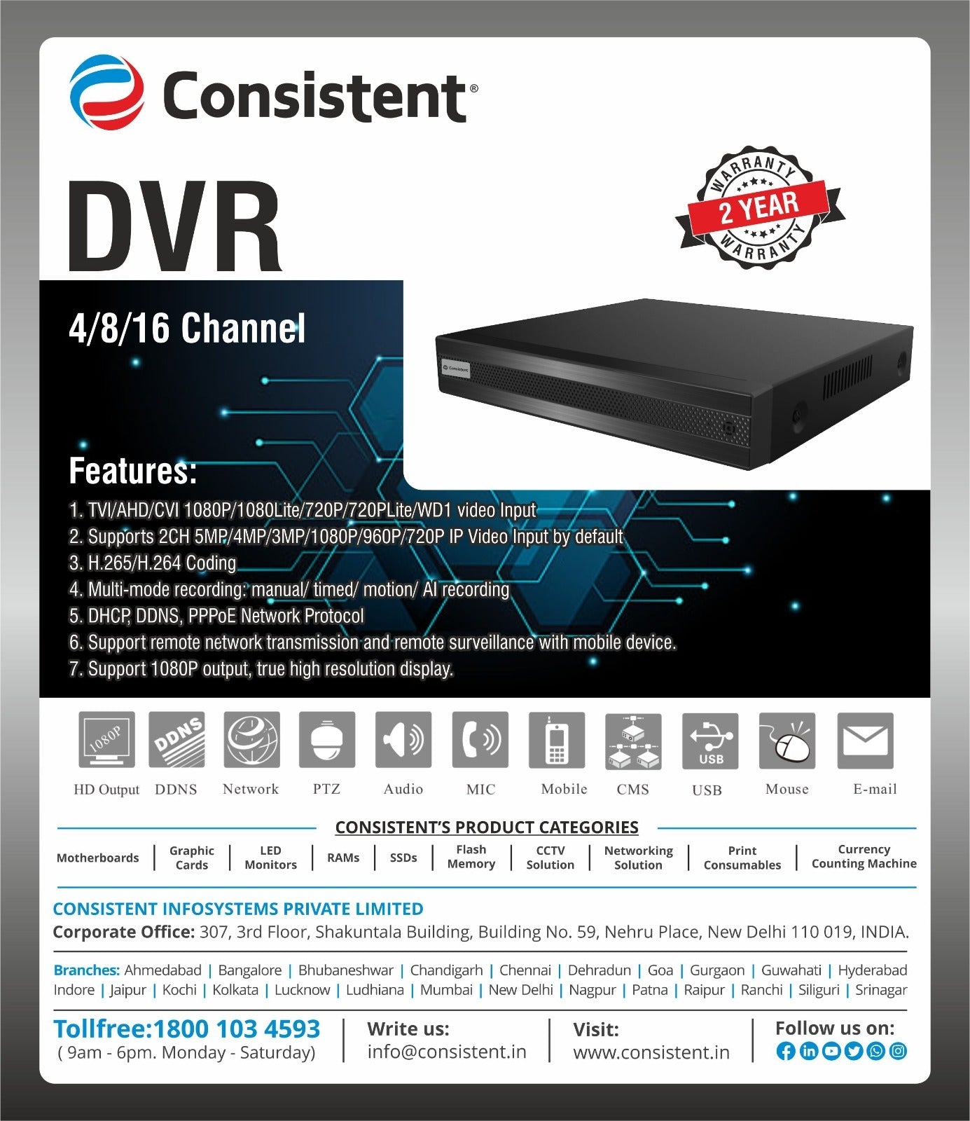 Consistent 16 Channel DVR 1080P High Resolution Output for CCTV Cameras with 2 Year of Warranty
