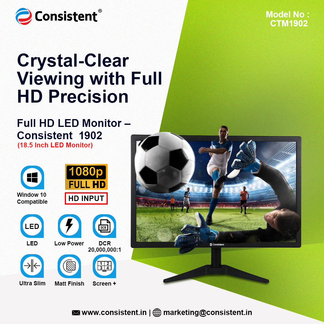 Consistent 1902 18.5 Inch LED Monitor | Refresh Rate 60 Hz,1440 x 900 Pixels | Wall Mountable Slim & Stylish Design with 16.7M Colors | HDMI & VGA Ports | Screen Size : 47Cm