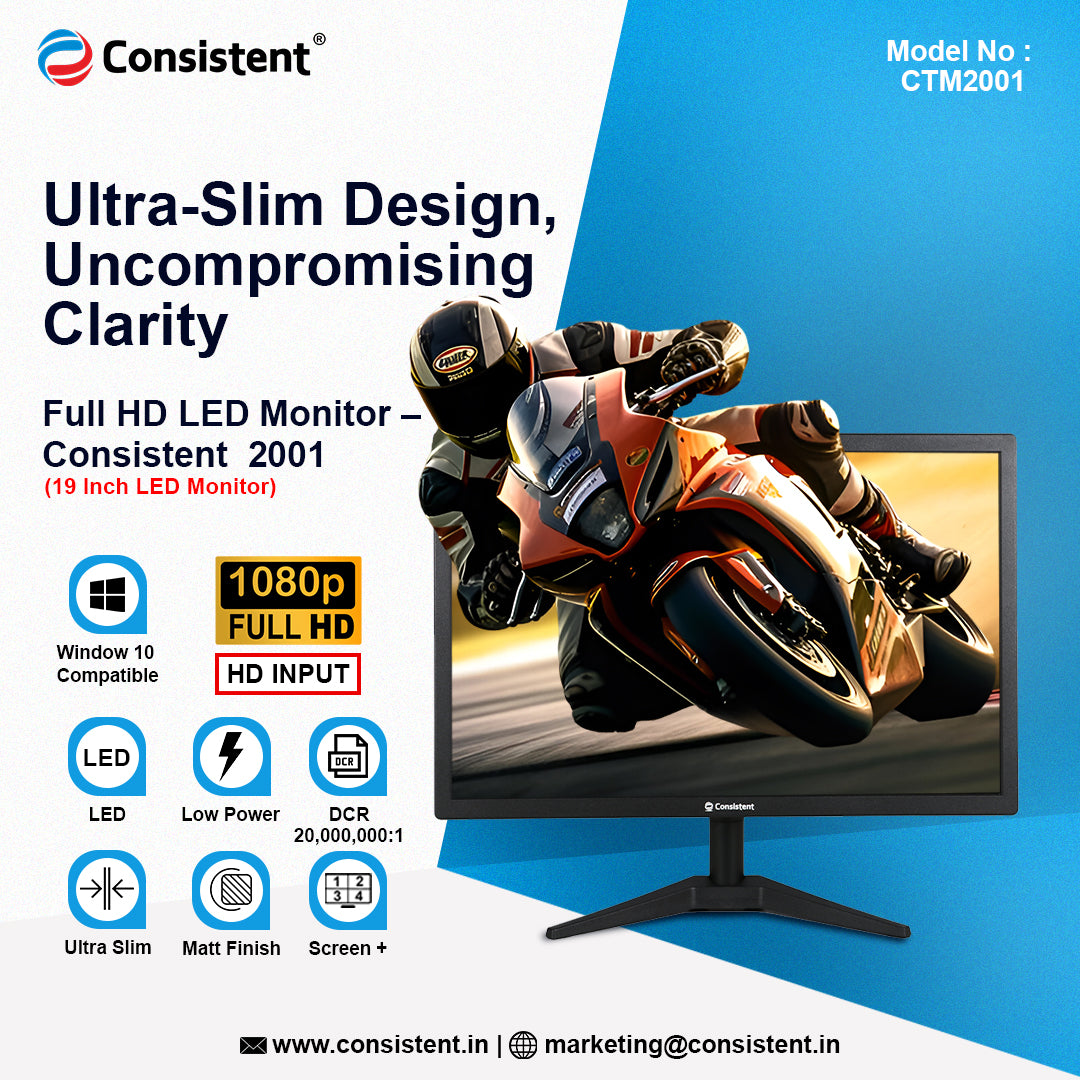 Consistent 2001 19 Inch LED Monitor | Refresh Rate 60 Hz,1440 x 900 Pixels | Wall Mountable Slim & Stylish Design with 16.7M Colors | HDMI & VGA Ports | Screen Size : 48.26Cm