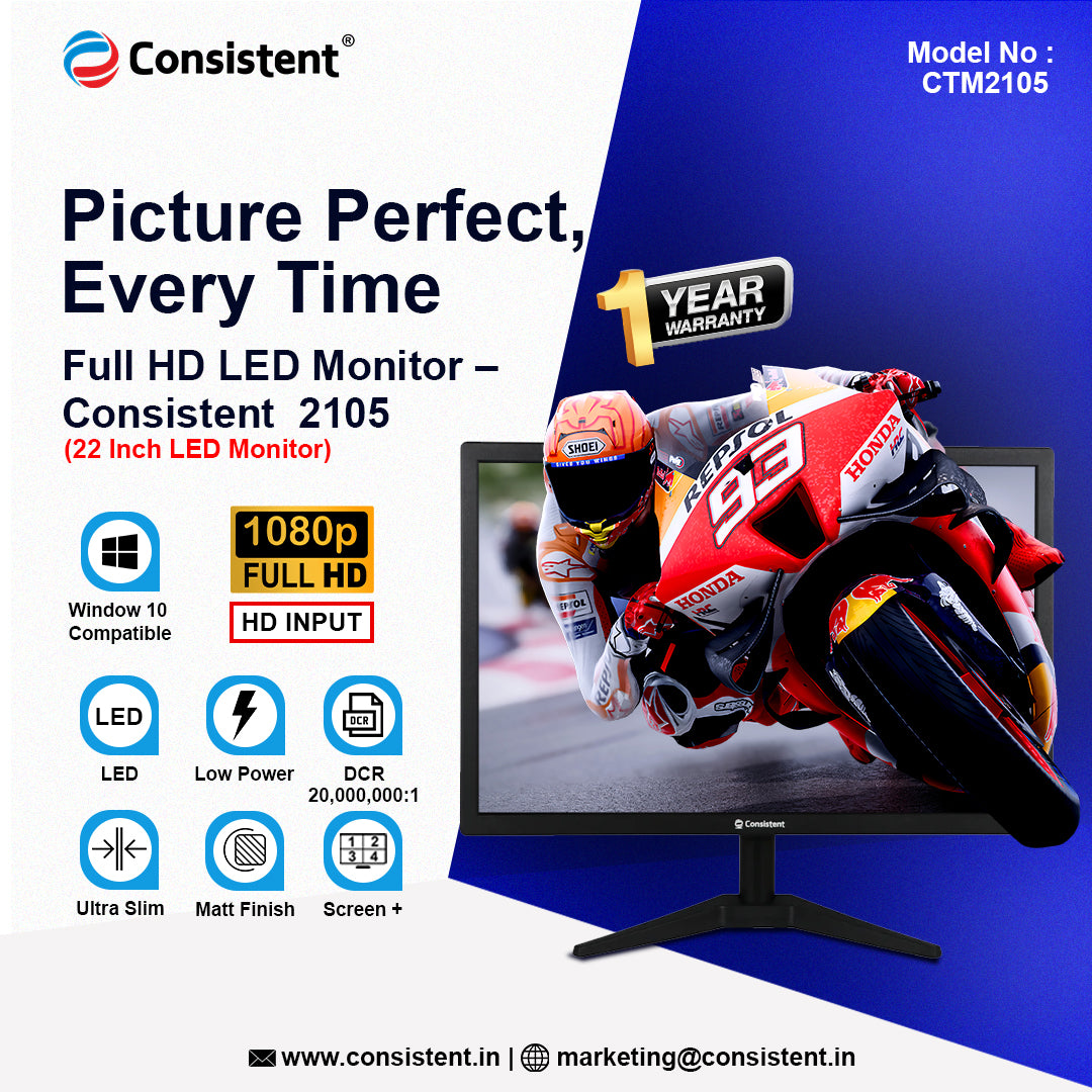 Consistent 2105 22" inch (55.8 cm) Wide Display 1920 x 1080 Pixels Full HD Ultra-Slim Monitor, Anti-Glare, Brightness Intelligence, HDMI (Black) 1 Year Warranty.