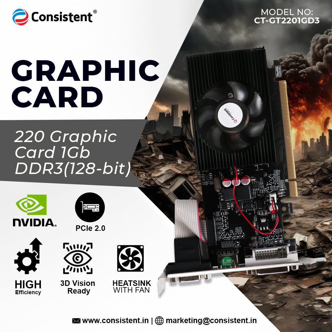 Consistent 220 Graphics Card 1GB DDR3 128-bit, PCI Express X16 2.0 128-Bit, 1GB DDR3 Quiet Operation with 2 Stands with 3 Year Warranty