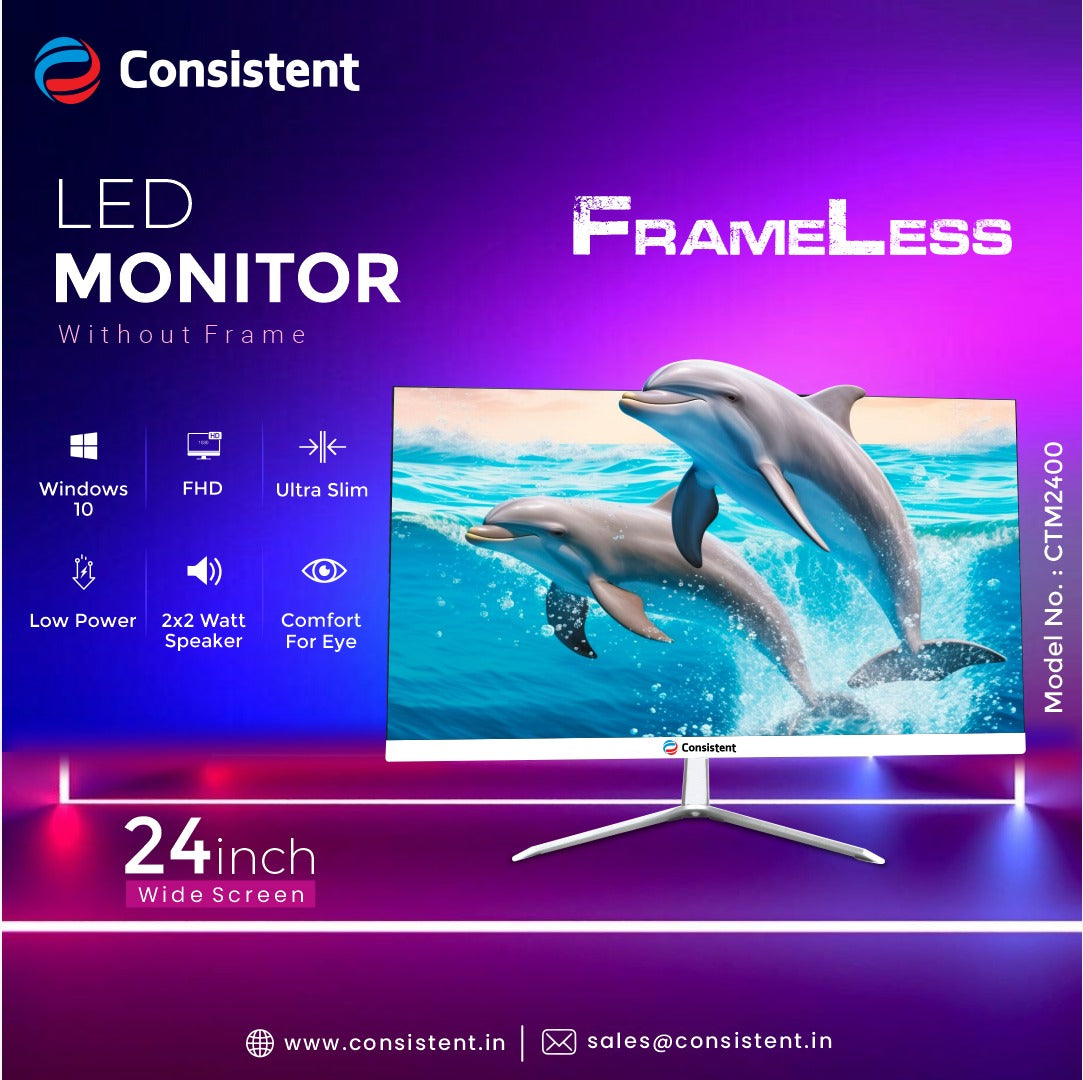 Consistent 2400 23.8" inch (60.5 cm) Wide Display 1920 x 1080 Pixels Full HD Ultra-Slim Frameless Monitor- HDMI, Inbuilt Speakers (White) 3 Years Warranty.