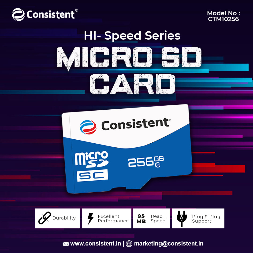 Consistent 256 GB Micro Sd Card for 4K Video Recording with Speed Upto 90MB/s Read and 45 MB/s Write, 5 Year Warranty(CTM10256)