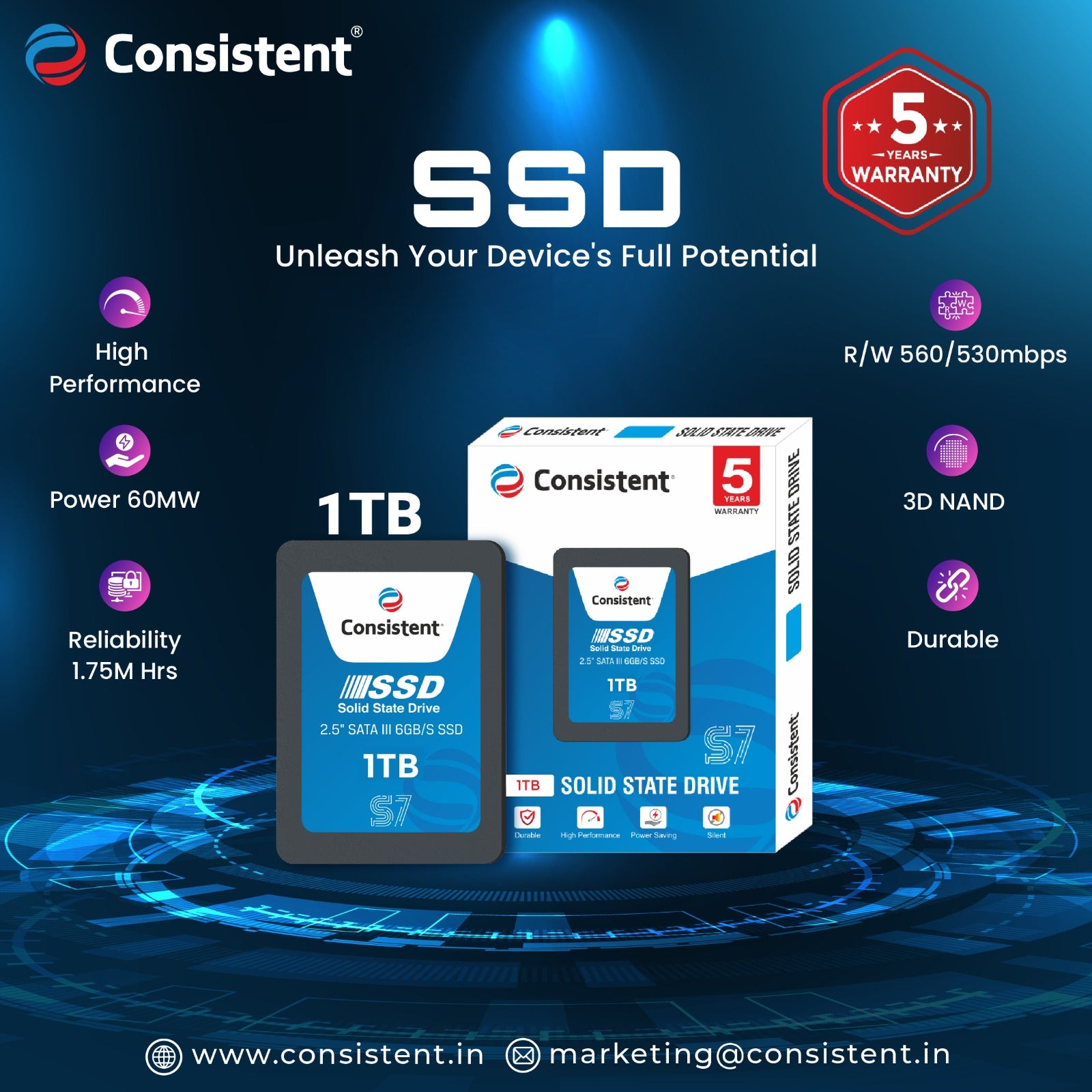 Consistent 2.5 1 TB SSD with SATA III Interface, 6Gb/s,Read/Write Speed Upto - 550/500 MB/s, 5 Years Warranty.