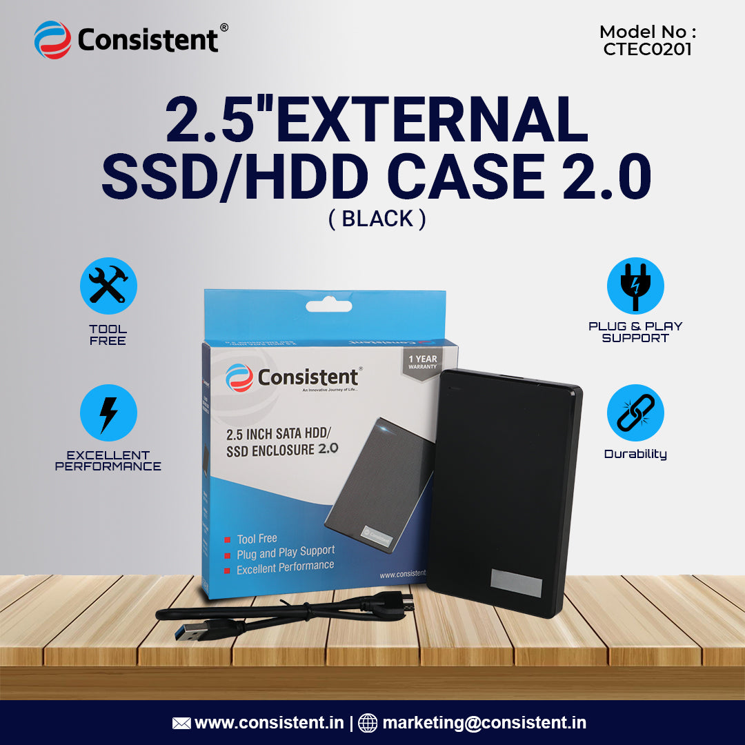 Consistent 2.5ich SATA HDD/ SSD Enclosure 2.0 Portable External Hard Disk Enclosure 7 MM and 9.5 MM Tool Free , Supports.