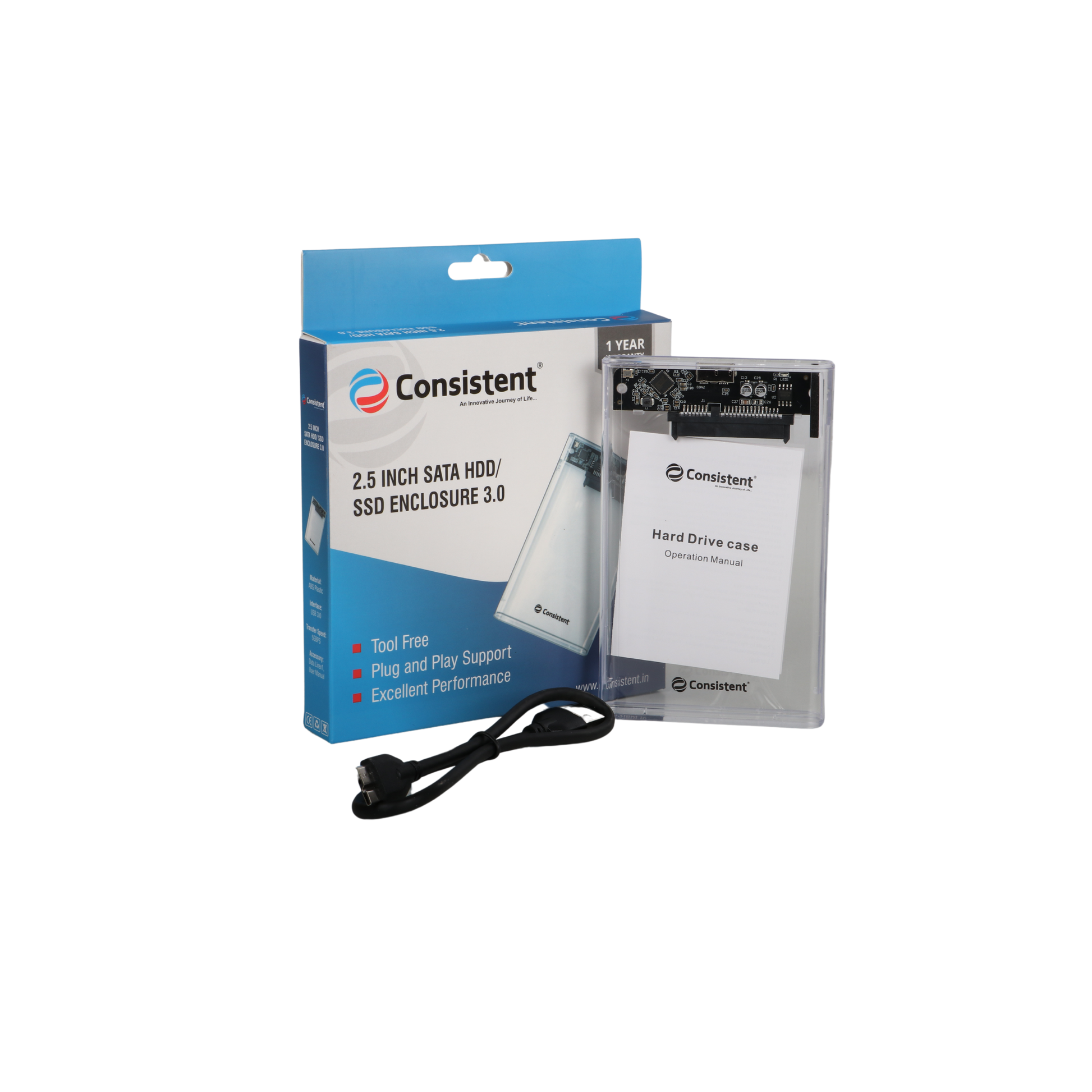 Consistent 2.5ich SATA HDD/ SSD Enclosure 3.0 Transparent Enclosure, Portable External Hard Disk Enclosure 7 MM and 9.5 MM Tool Free , Supports.