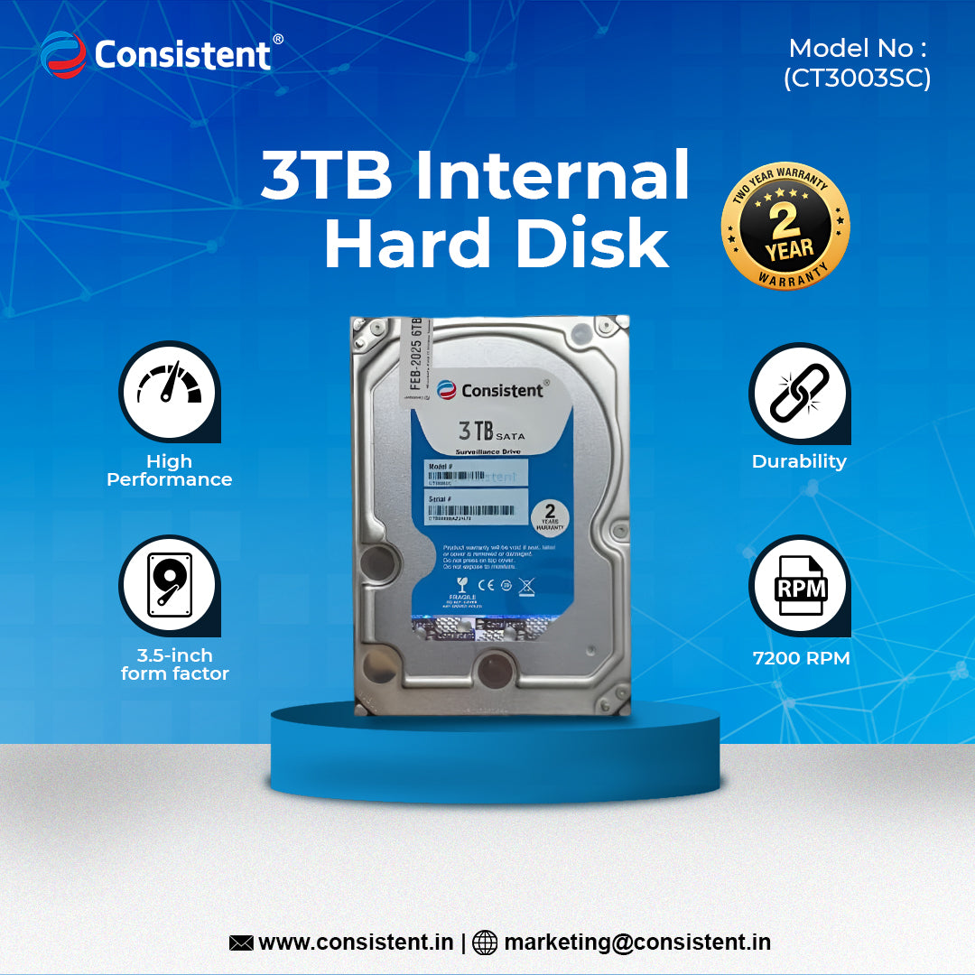 Consistent 3TB SATA Internal Hard Drive, 3.5 Inch, High Performance Desktop HDD with 2 Years Warranty.