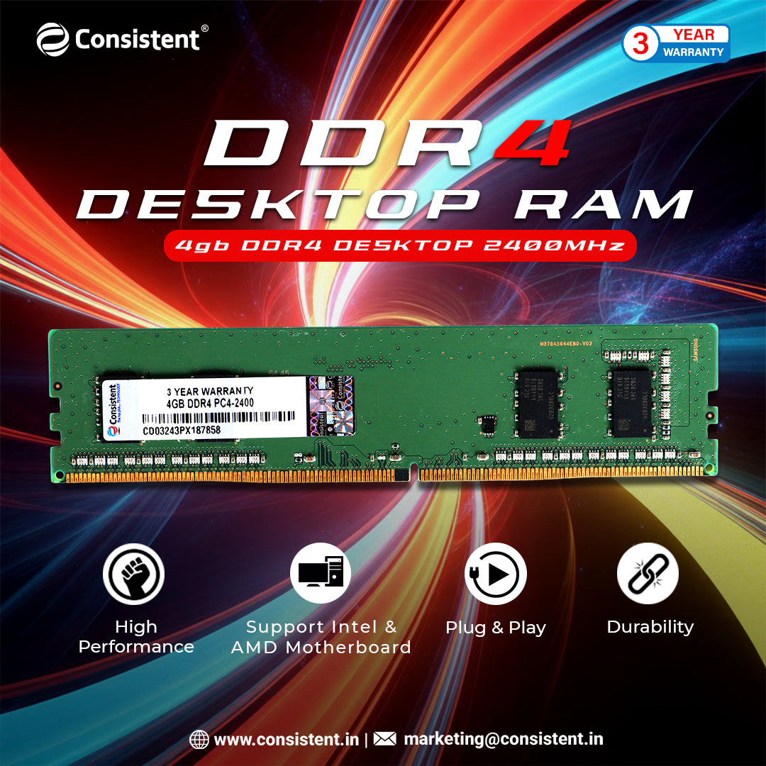 Consistent 4GB DDR4 Desktop RAM,2400MHz 'Reduce power consumption by up to 40% and extend battery life 3 Years Replacement Warranty