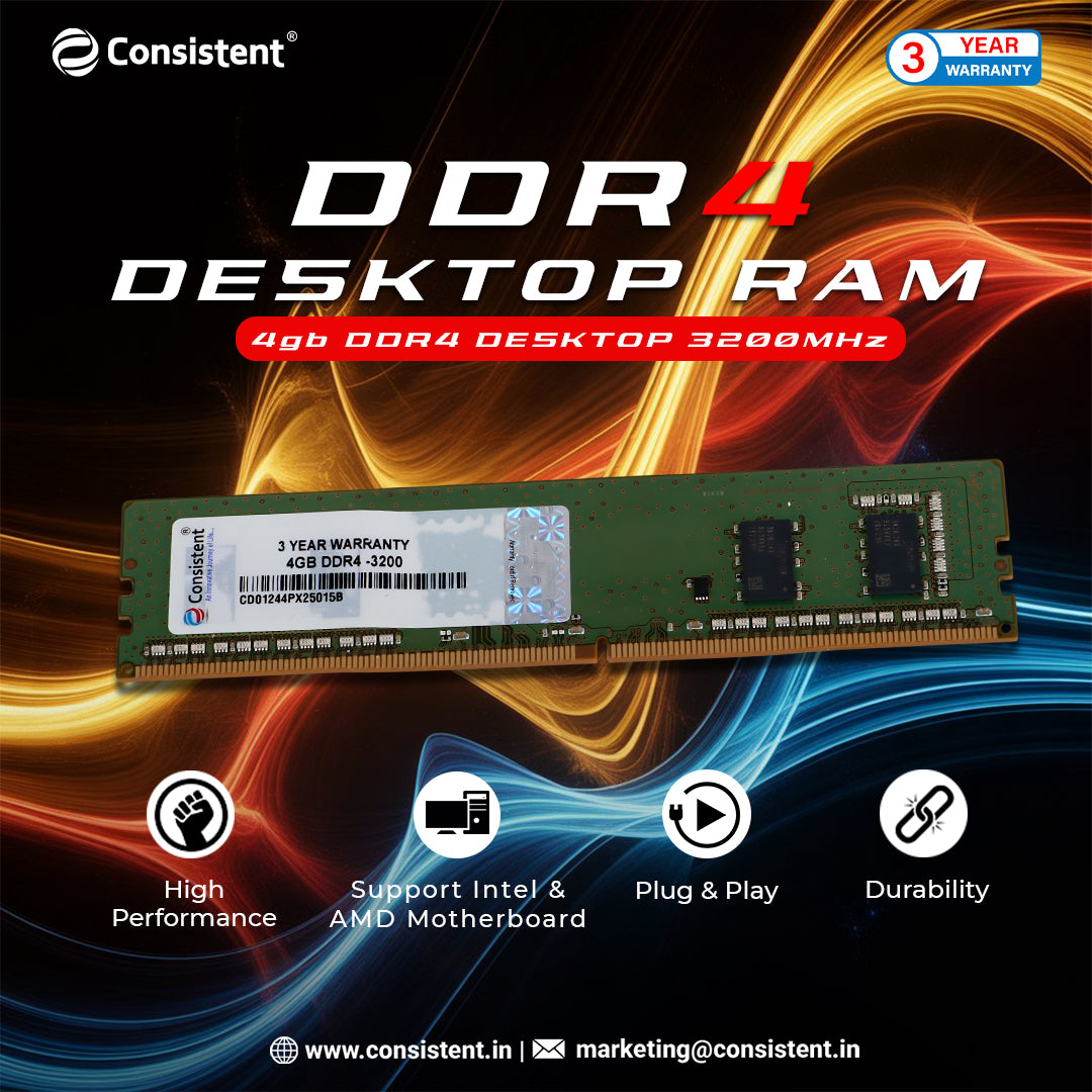 Consistent 4GB DDR4 Desktop RAM,3200MHz 'Reduce power consumption by up to 40% and extend battery life 3 Years Replacement Warranty