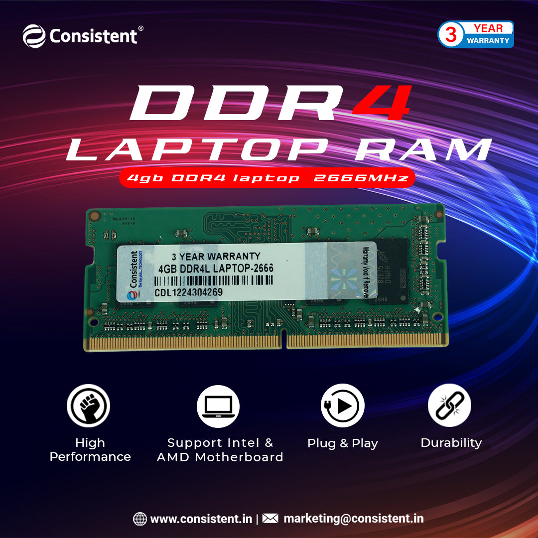 Consistent 4GB DDR4 Laptop RAM,2666MHz reduce power consumption by up to 40% and extend battery life 3 Years Replacement Warranty