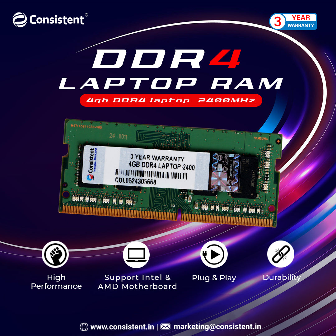 Consistent 4GB DDR4 Laptop RAM, 2400MHz Reduce power consumption by up to 40% and extend battery life 3 Years Replacement Warranty.