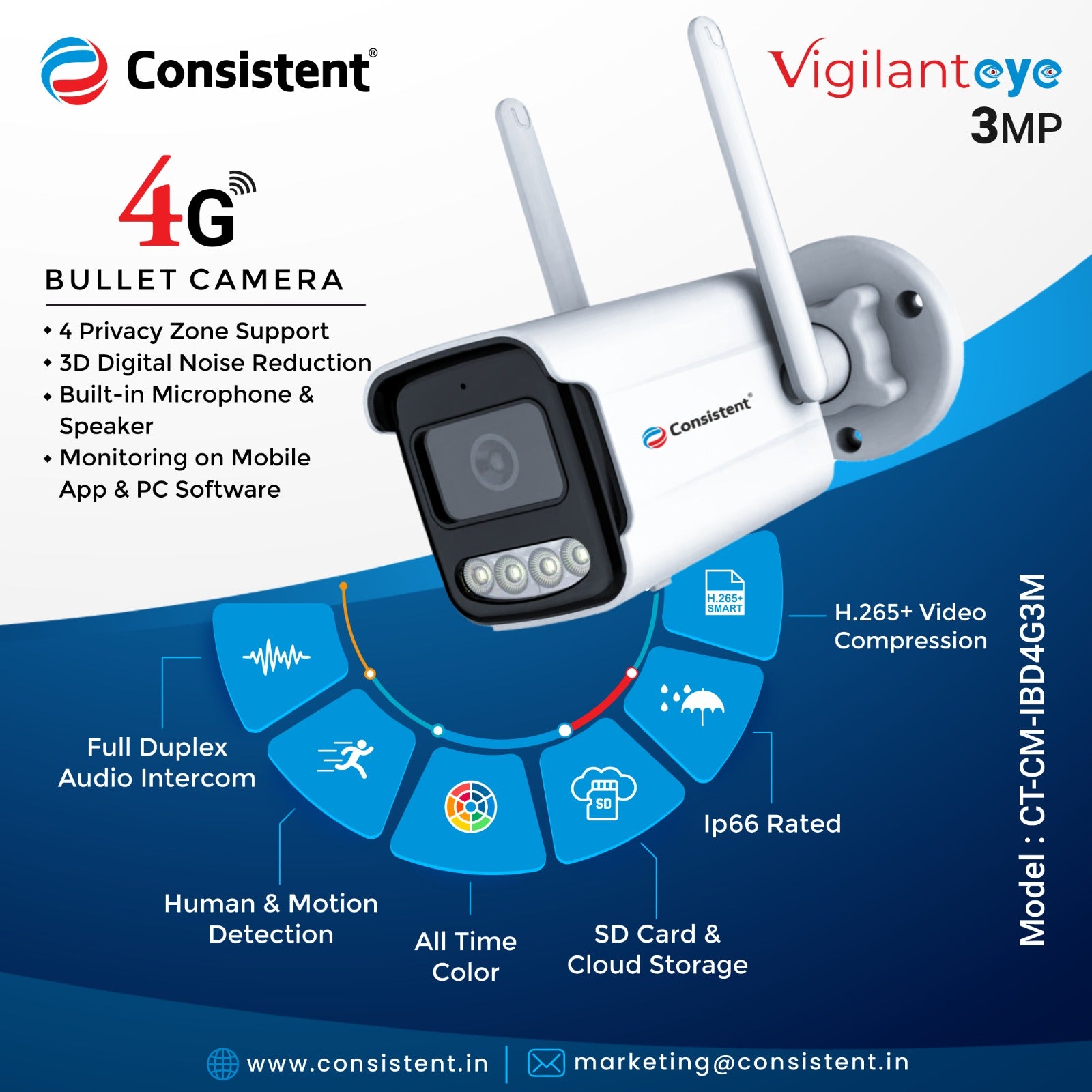 Consistent 4G Colour Bullet 3MP Camera 4G Sim Card Supported Outdoor Smart Bullet Camera | Support RJ45 Port and 4G Sim | Two Way Talk |Full Colour Night Vision| IP66 Waterproof Rating (CT-CM-IBD4G3M)