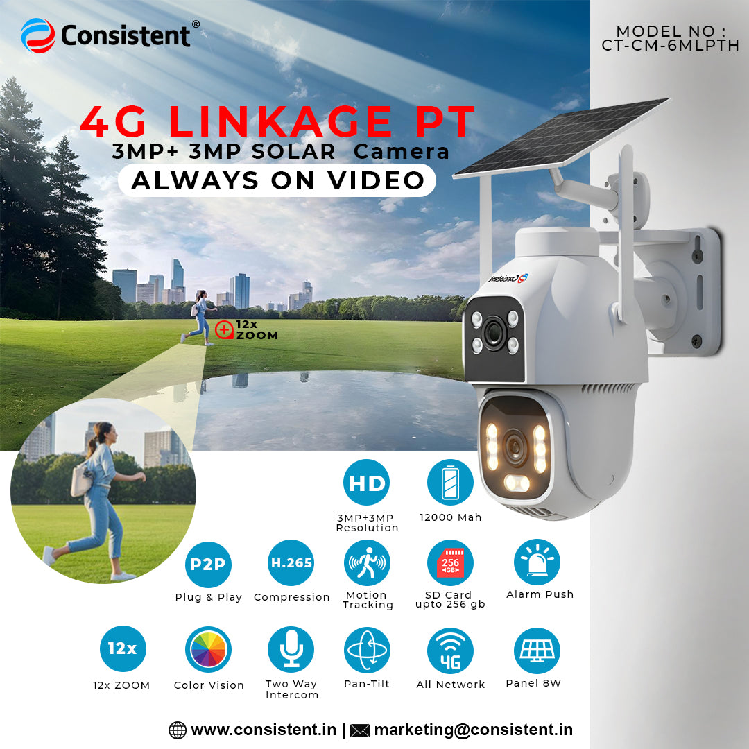 Consistent 4G LINKAGE Pan tilt Solar Camera , 3MP+3MP Dual lens, Two Way Communication Camera