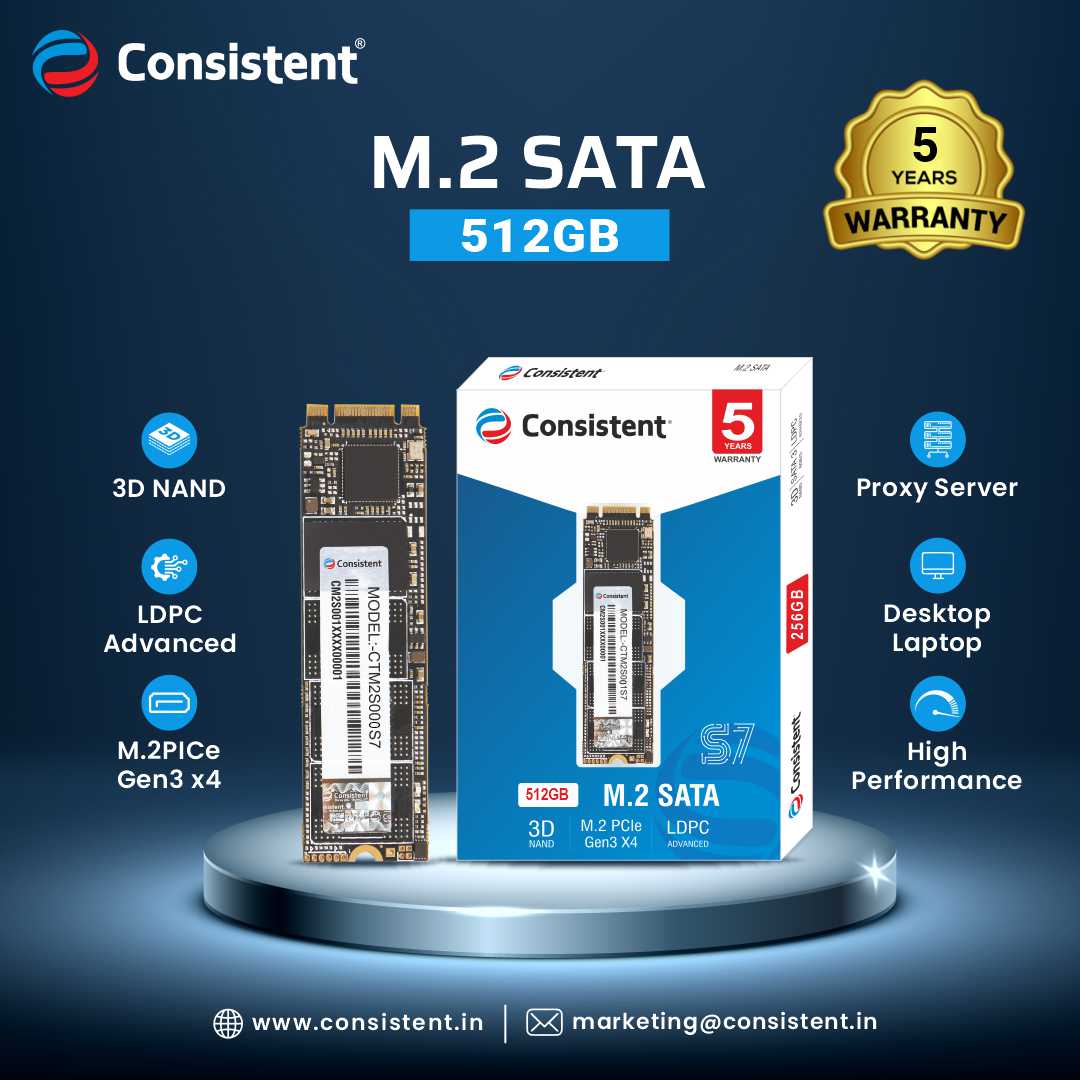 Consistent 512GB M.2, SATA 2280, Fast Performaning SATA Internal Solid State Drive - Upto Read Speed 550MB/s & Write Speed 500MB/s - 5 Years Warranty