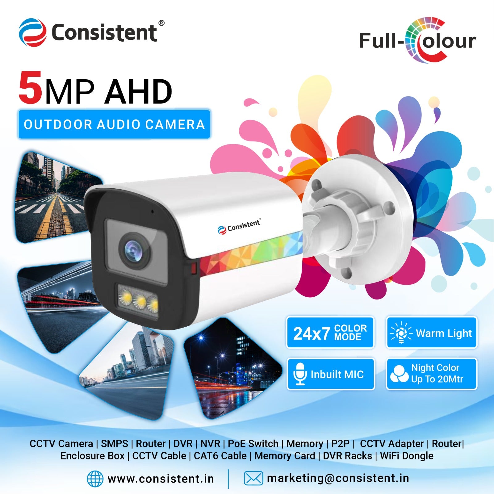 Consistent 5MP CCTV AHD BULLET CAMERA(CTCMHBW5MPA), |Support: Audio (TVI , CVI) | Multiple Angle Adjustment | 3D Noise Reduction | Lens 3.6 mm Fixed lens
