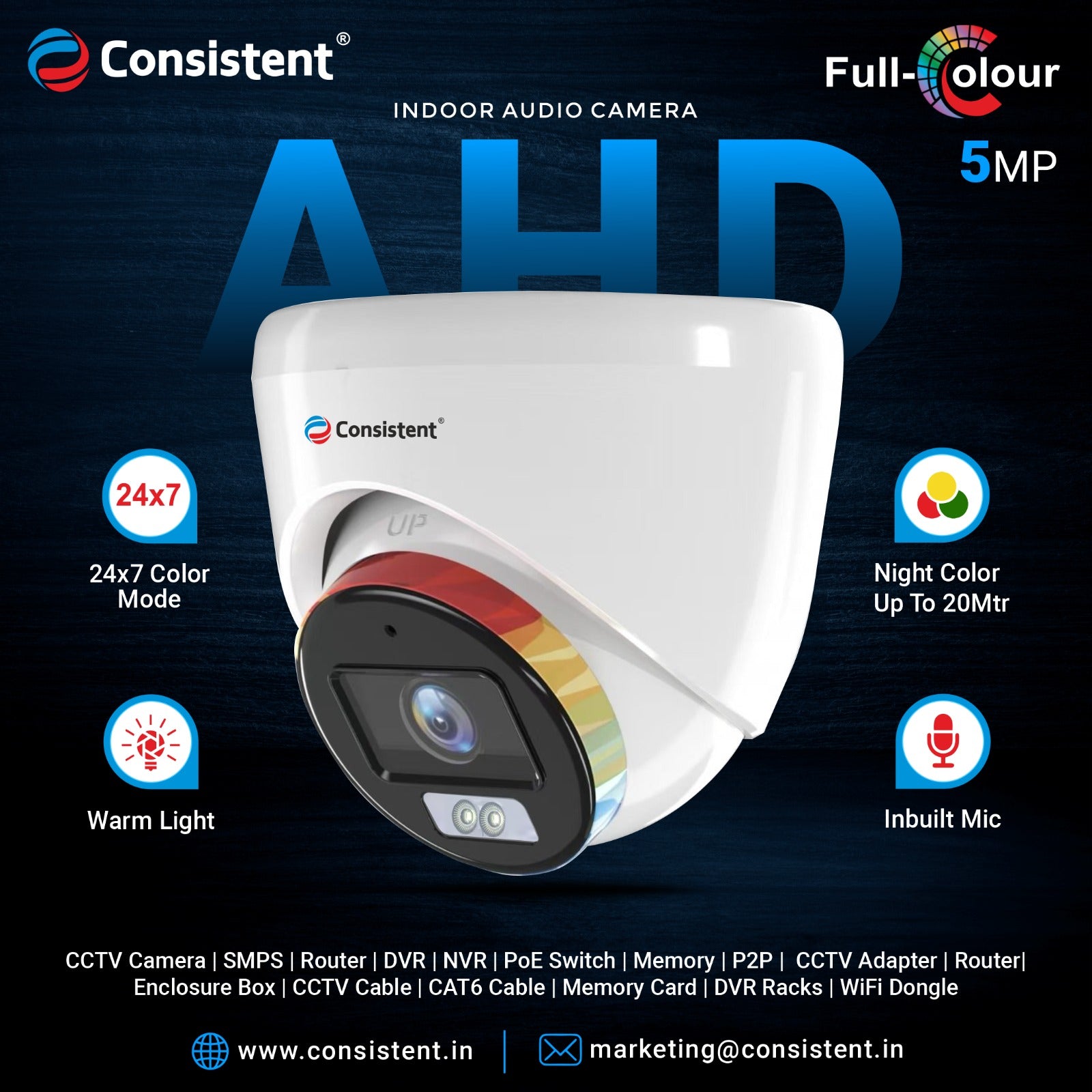 Consistent 5MP CCTV AHD DOME CAMERA(CTCMHDW5MPA), |Support: Audio (TVI , CVI) | Multiple Angle Adjustment | 3D Noise Reduction | Lens 3.6 mm Fixed lens.