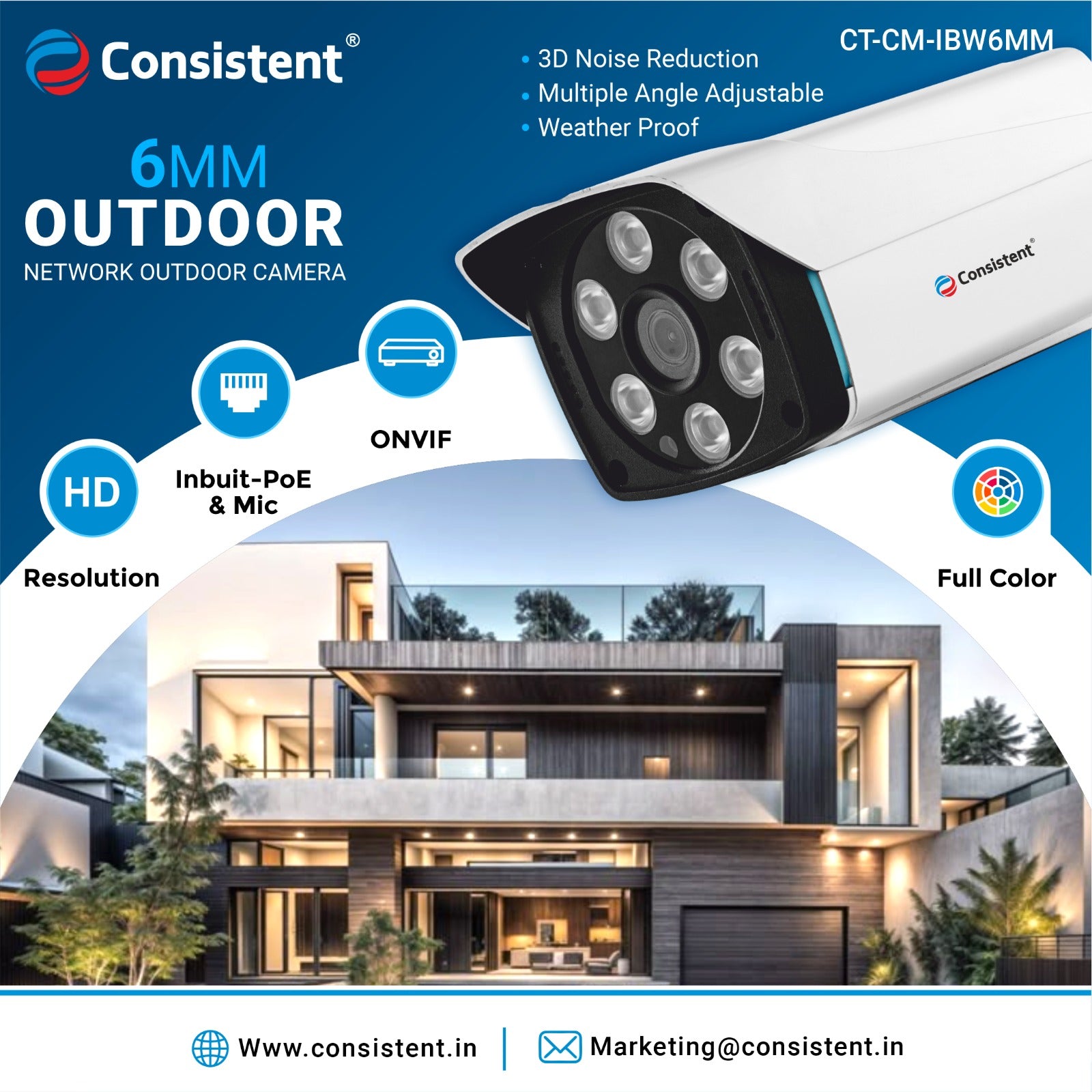 Consistent 6MM 4MP IP Outdoor Warm Bullet Camera, | Multiple Angle Adjustment | 3D Noise Reduction | Inbuilt MIC | Support ONVIF | Weather Proof | Inbuilt POE | Color Distance 30 meters.