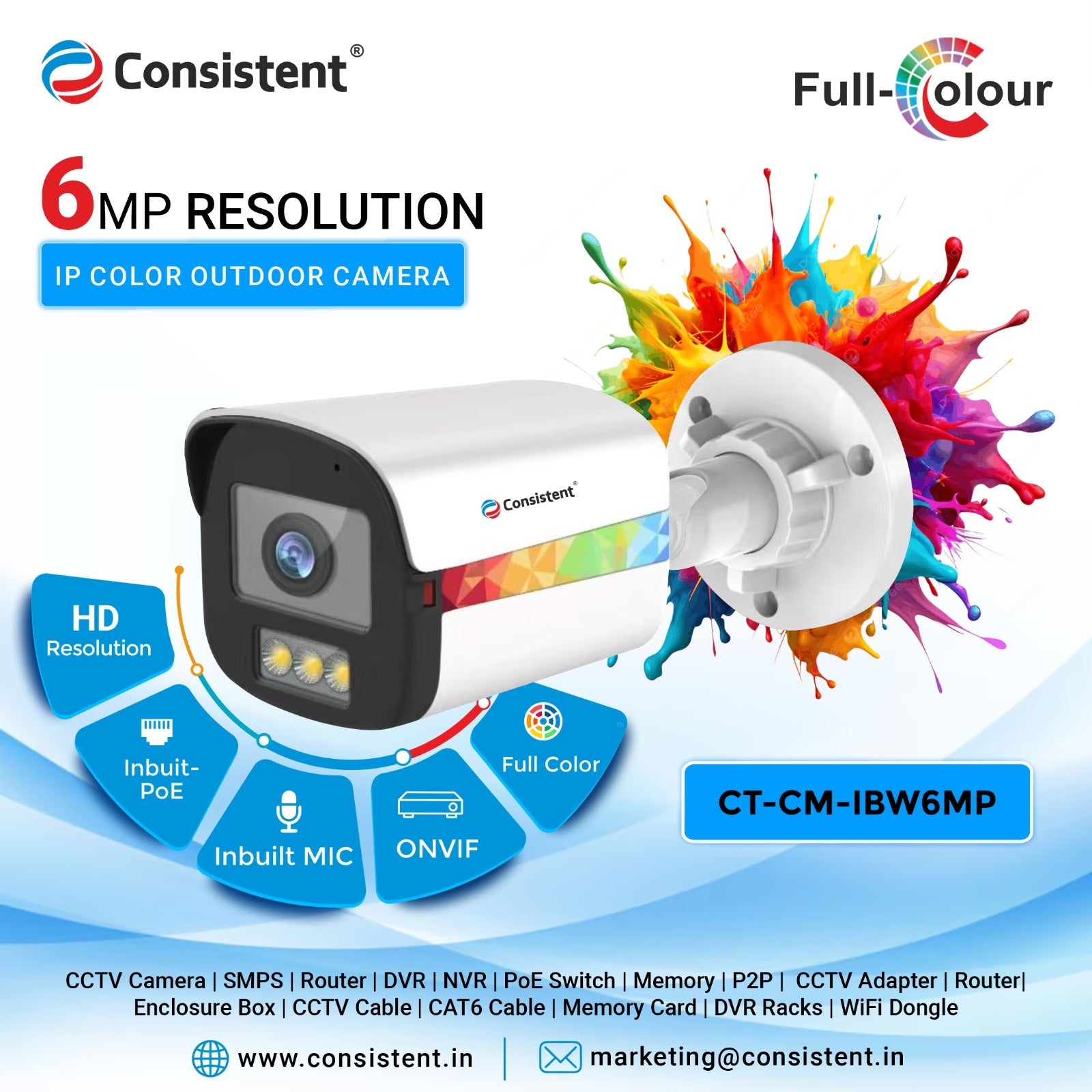 Consistent 6MP CCTV Camera Bullet (CT-CM-IBW6MP), |Support: Audio (TVI , CVI) | Multiple Angle Adjustment | 3D Noise Reduction.