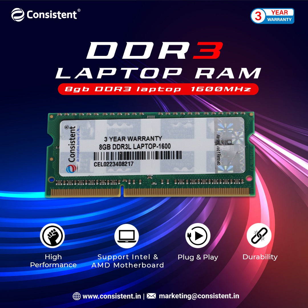 Consistent 8GB DDR3 1600 Laptop RAM, Easy to Install: Plug-and-play installation, No Additional Drivers Required with 3 Year Warranty, perfect for upgrading your old computer.