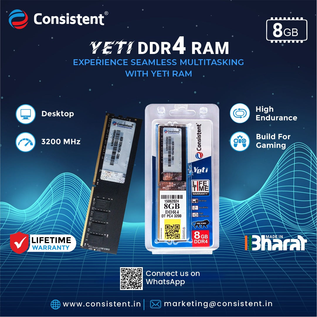 Consistent 8GB DDR4 3200mhz Yeti Ram for Desktop PC with life time warranty High-speed DDR4 technology delivers improved data transfer rates