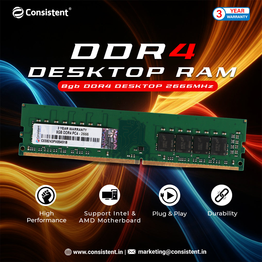 Consistent 8GB DDR4 Desktop RAM,2666MHz 'Reduce power consumption by up to 40% and extend battery life 3 Years Replacement Warranty