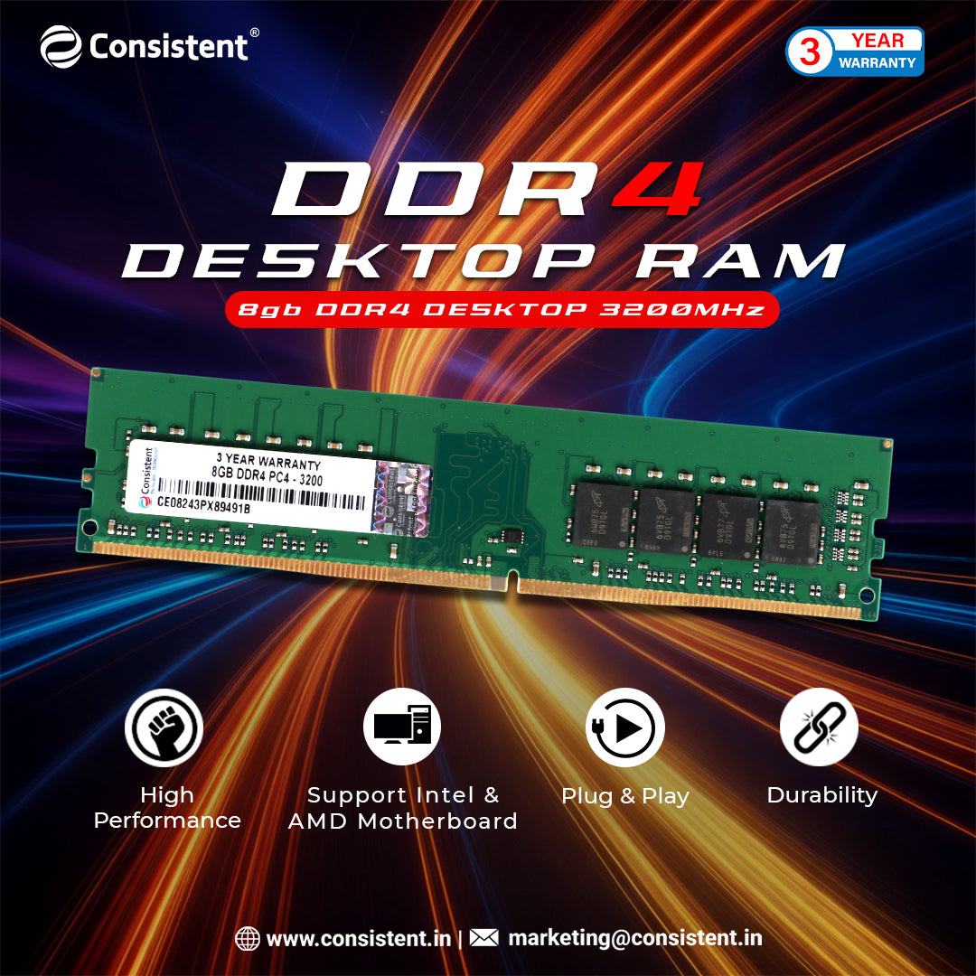 Consistent 8GB DDR4 RAM 3200Mhz Desktop, Plug-and-Play No Additional Drivers Required with 3 Year Warranty Ram for desktop DDR4-compatible motherboards.