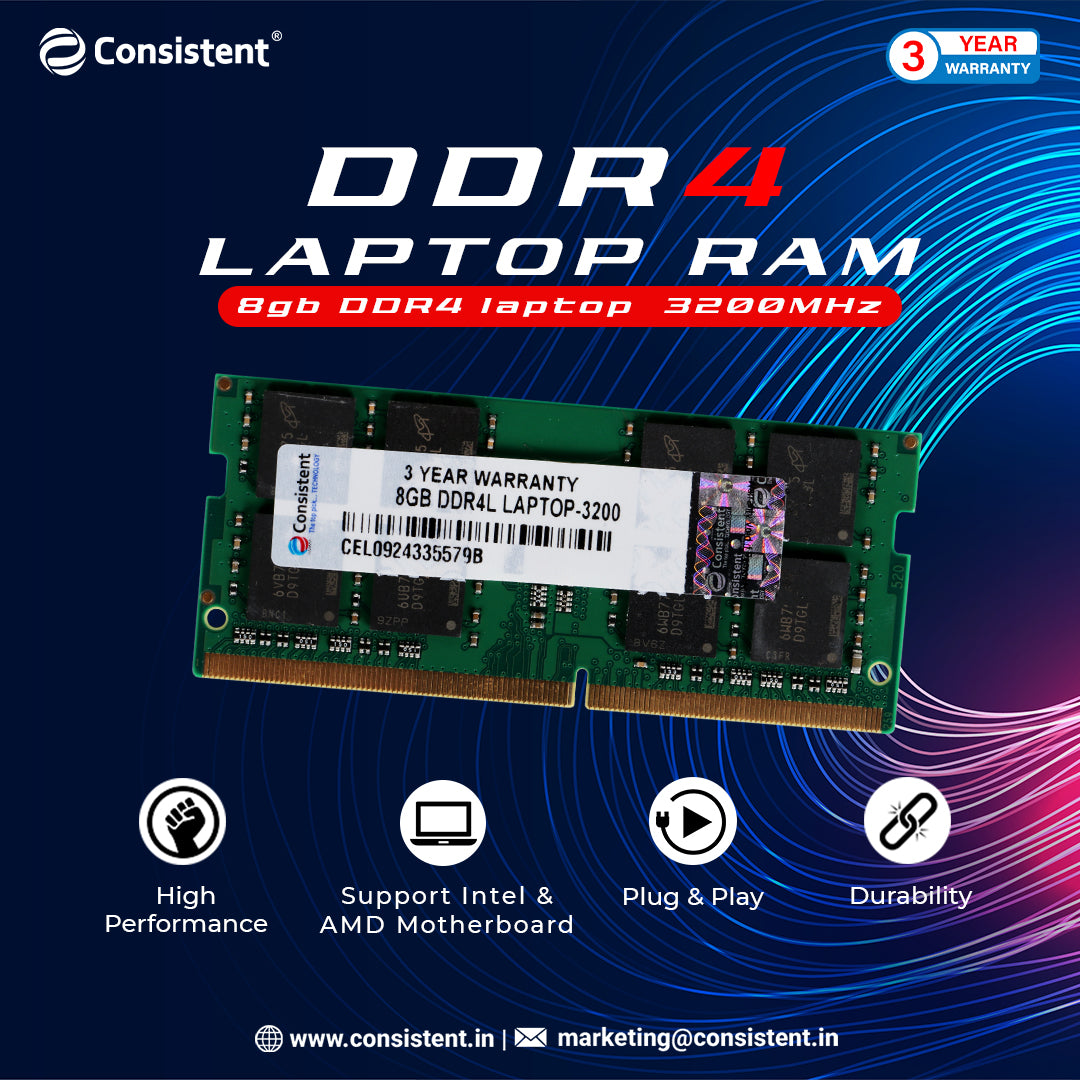 Consistent 8GB DDR4 RAM 3200Mhz Laptop RAM, Plug-and-Play, No Additional Drivers Required with 3 Year Warranty module is perfect for upgrading your old laptop.