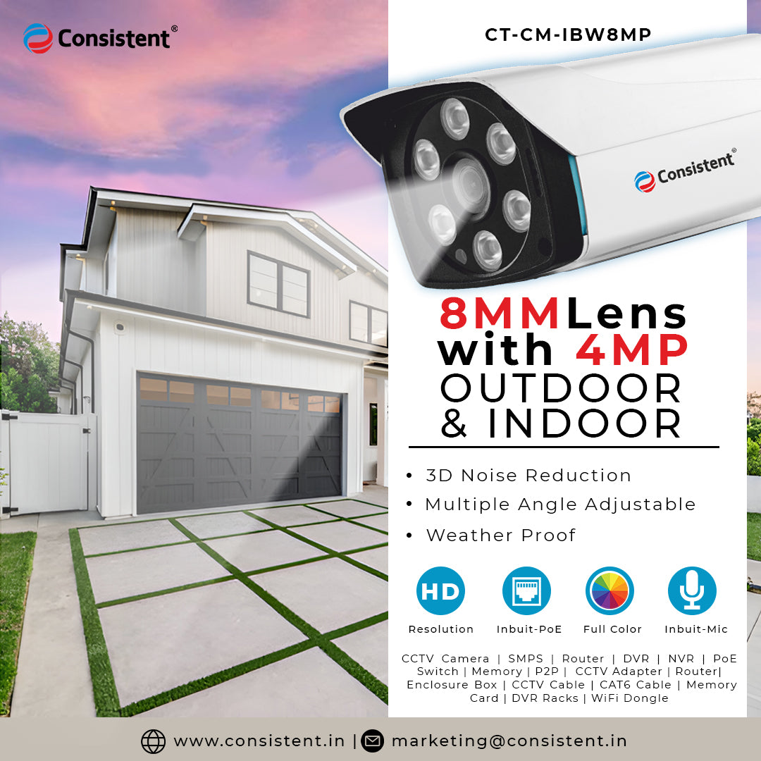 Consistent 8MM 4MP IP Outdoor Warm Bullet Camera(CT-CM-IBW8MM), | Multiple Angle Adjustment | 3D Noise Reduction | Inbuilt MIC | Support ONVIF | Weather Proof | Inbuilt POE | Color Distance 40 meters.