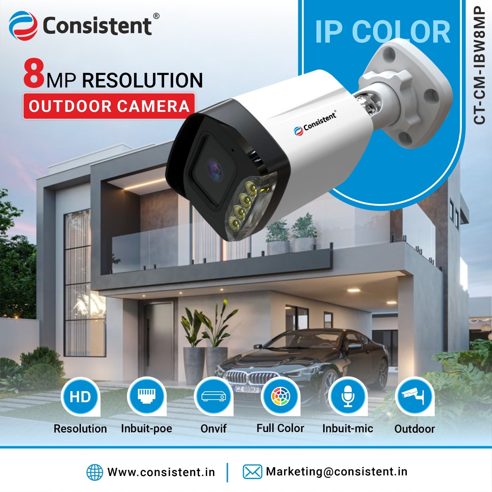 Consistent 8MP CCTV Camera Bullet (CT-CM-IBW8MP) IP Indoor & Outdoor Camera with 1 year warranty| Multiple Angle Adjustment | 3D Noise Reduction | Inbuilt MIC | Color Distance Upto 20 meters.