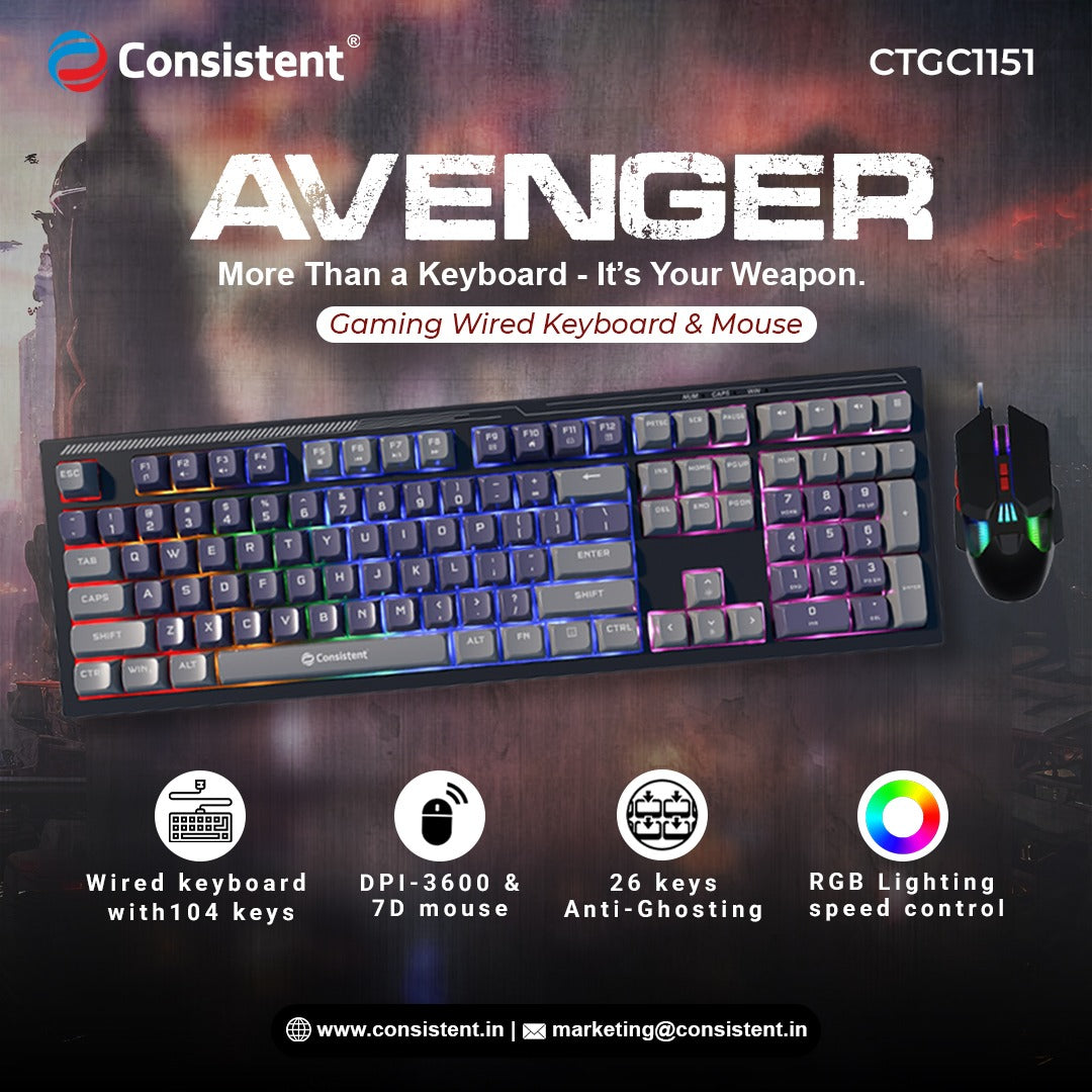 Consistent Avenger Gaming Combo Wired RGB & Mac Support Mouse & Keyboard for Windows, USB Plug-and-Play, Keystrokes, Rainbow Breath Light, 1.5 Cable Length, DPI-3600 7D Mouse, 26 Keys Anti-ghosting.