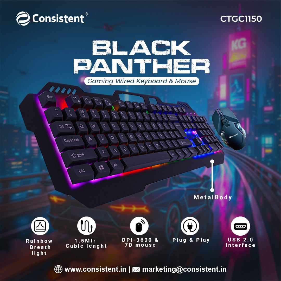 Consistent Black Panther Gaming Combo Wired & Mac Support Mouse & Keyboard for Windows, USB Plug-and-Play, Keystrokes, Rainbow Breath Light, 1.5 Cable Length, DPI-3600 7D Mouse.