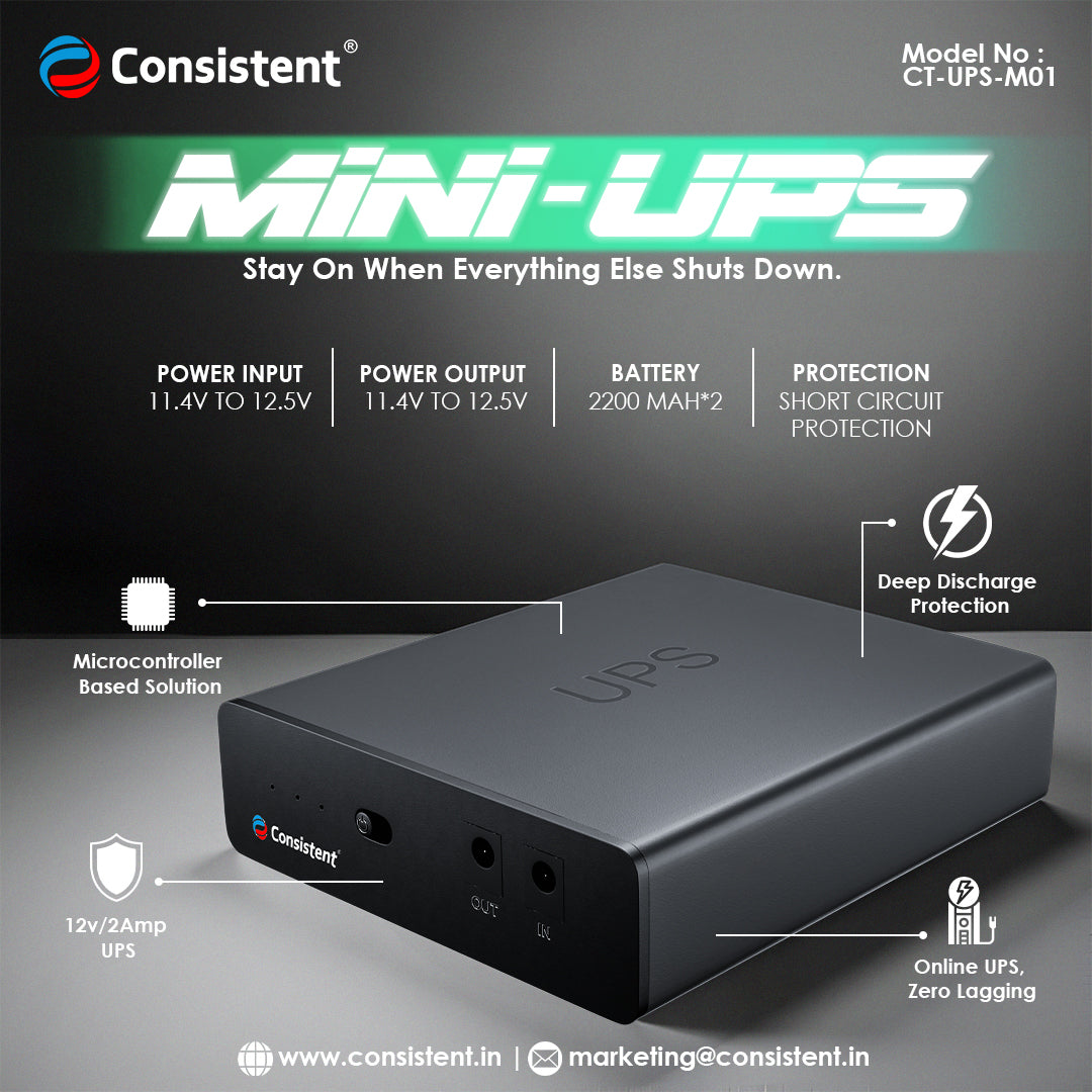 Consistent CCTV Mini-UPS for WiFi Router Broadband Modem | Supports 12V-2A Routers. Backup Upto 3 Hours | WiFi Router UPS Power Backup During Power Cuts| Current Surge & Deep Discharge Protection