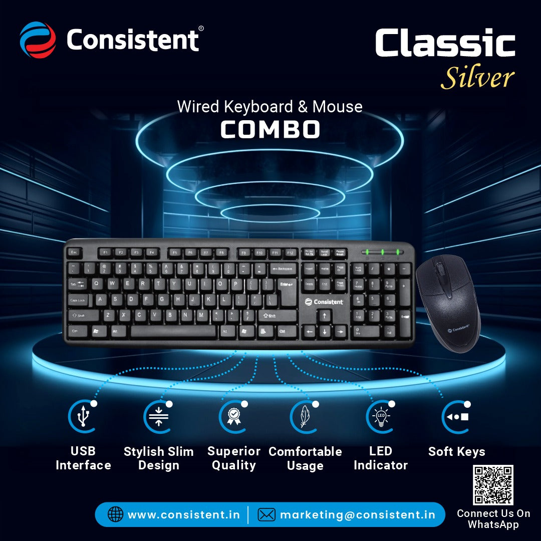 Consistent Classic Silver Wired Keyboard & Mouse (SK101) for Windows, USB Plug-and-Play, Full-Size, Spill-Resistant, Curved Space Bar(Black)