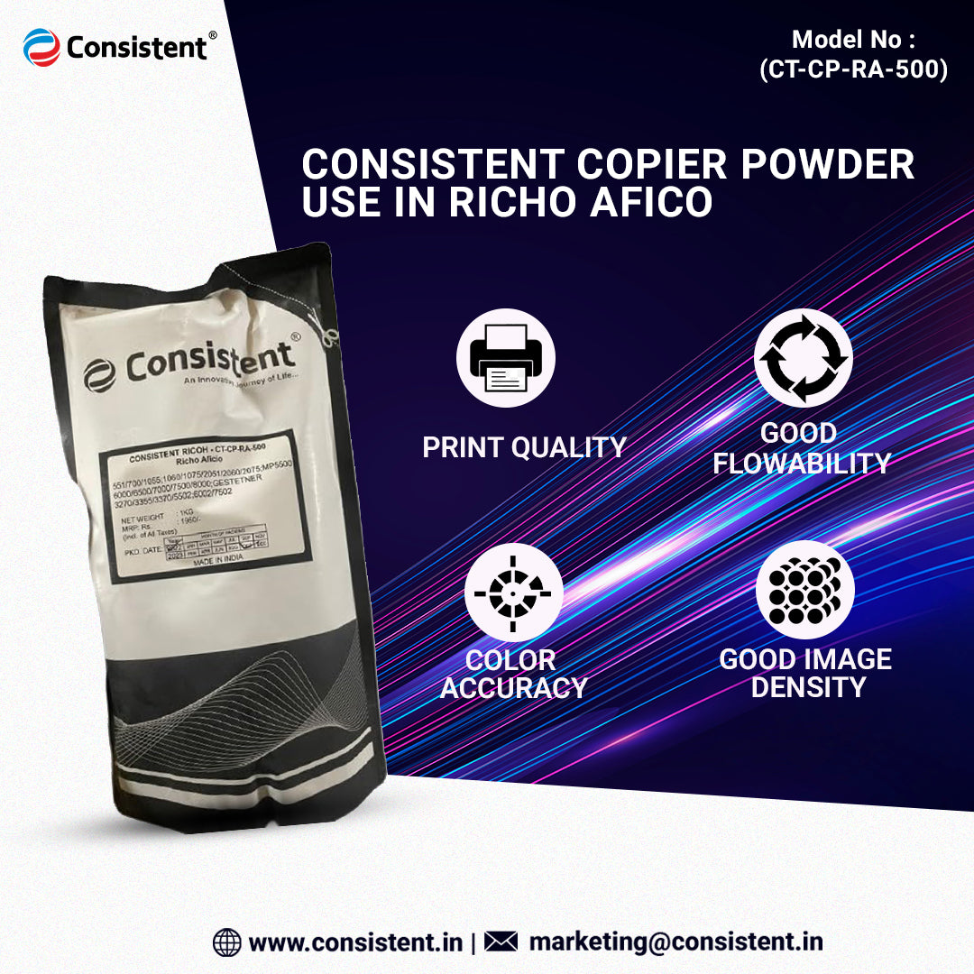 Consistent Copier Powder (CT-CP-RA-500) use in Richo Afico 551/700/1055/1060/1075/2051/2060/2075/ MP5500/6000/6500/7000/7500/8000/ Gestetner 3270/3355/3370/5502/6002/75022014, MP2014HS Printer and Copier