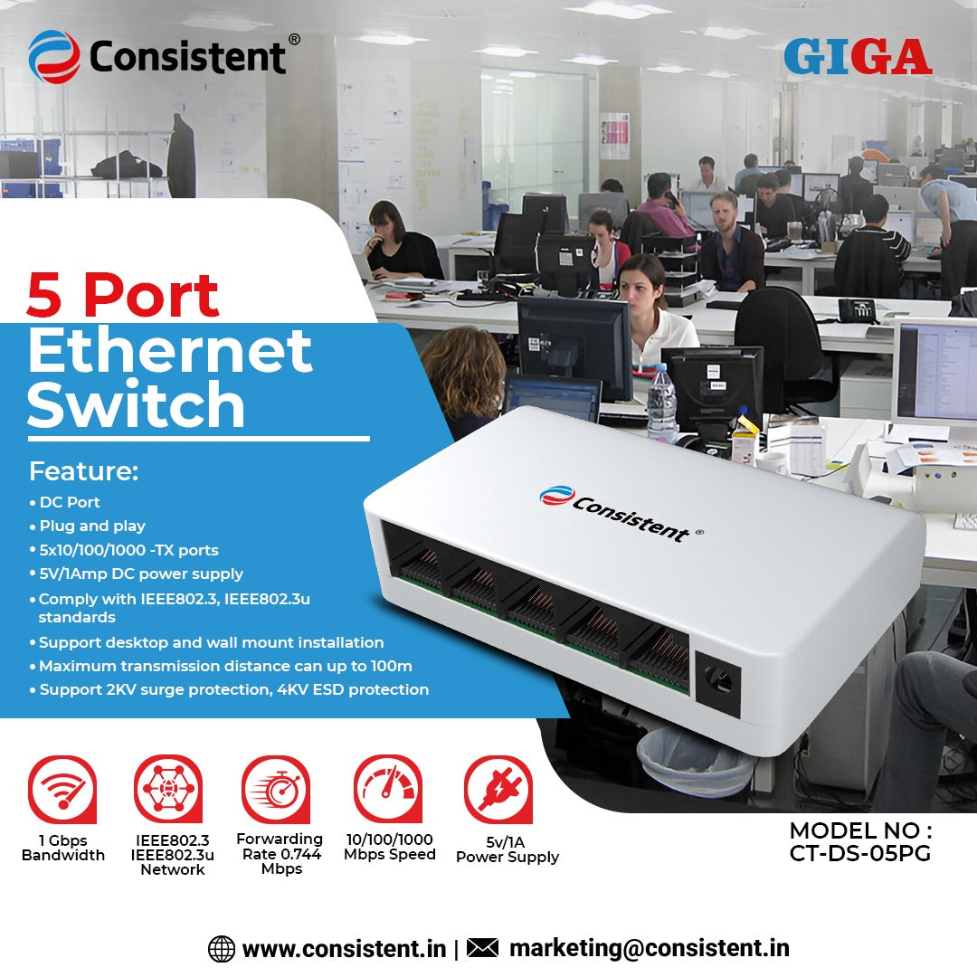 Consistent Desktop 5 Port Ethernet GIGASwitch (CT-DS-05PG) 5V/1A Power Suppy, 10/100/1000Mbps Speed, Forwarding Rate 0.744Mbps, 10 Gbps Bandwidth, IEEE802.3,IEEE802.3u Network.