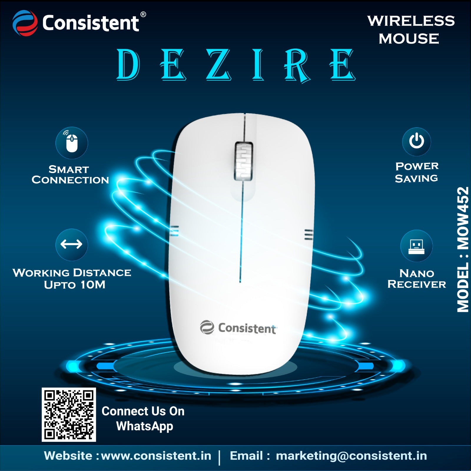 Consistent Dezire Wireless Mouse 2.4G Portable Mobile Optical Office Mouse with USB MOW452