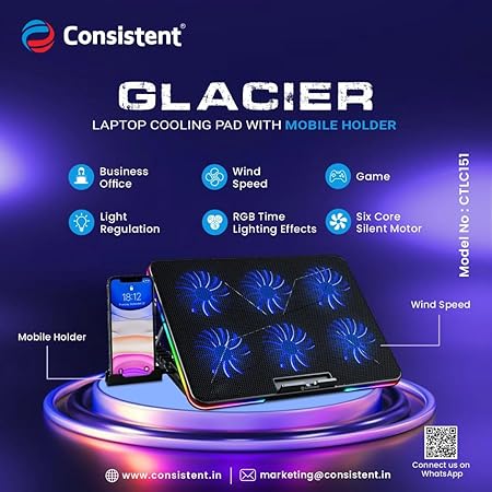 Consistent Laptop Cooling Pad with Mobile Holder Glacier USB Connection, Portable Computer Stand
