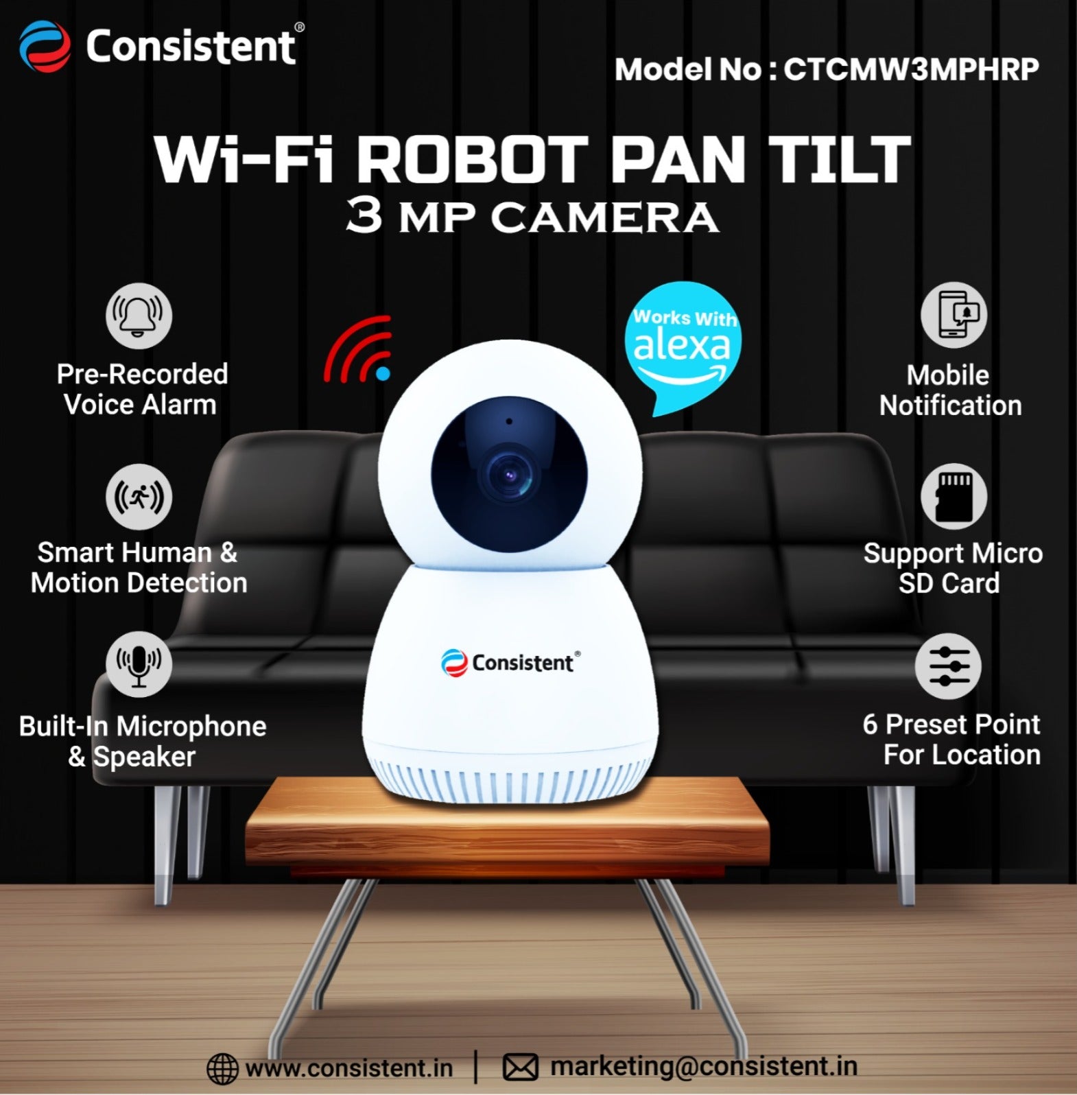 Consistent Mini WiFi 3MP' PAN-TILT Robotic Camera, Wi-fi Home Security Camera with Pan Tilt 360° View, 2 Way Talk, Cloud Monitor, Motion Detect, Supports SD Card Up to 256 GB, Night Vision