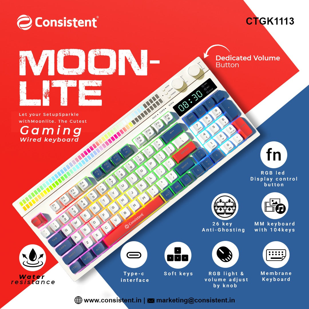 Consistent Moonlite Gaming Wired RGB & Mac Support Keyboard, USB Plug-and-Play, Keystrokes, RGB LED Effect, Stylish Slim Design, Water resistant, Noise free, 26 keys Anit-Ghosting.