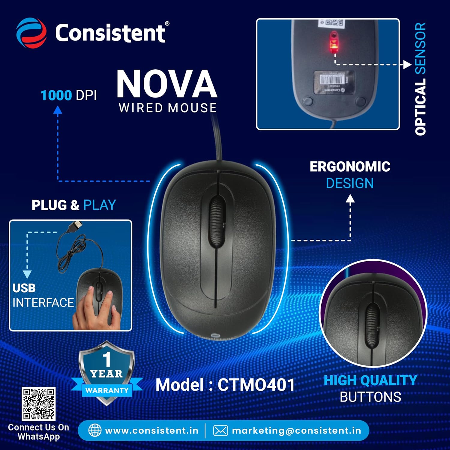 Consistent Nova Wired Mouse | Ergonomic Design | 1000 DPI | Optical Sensor