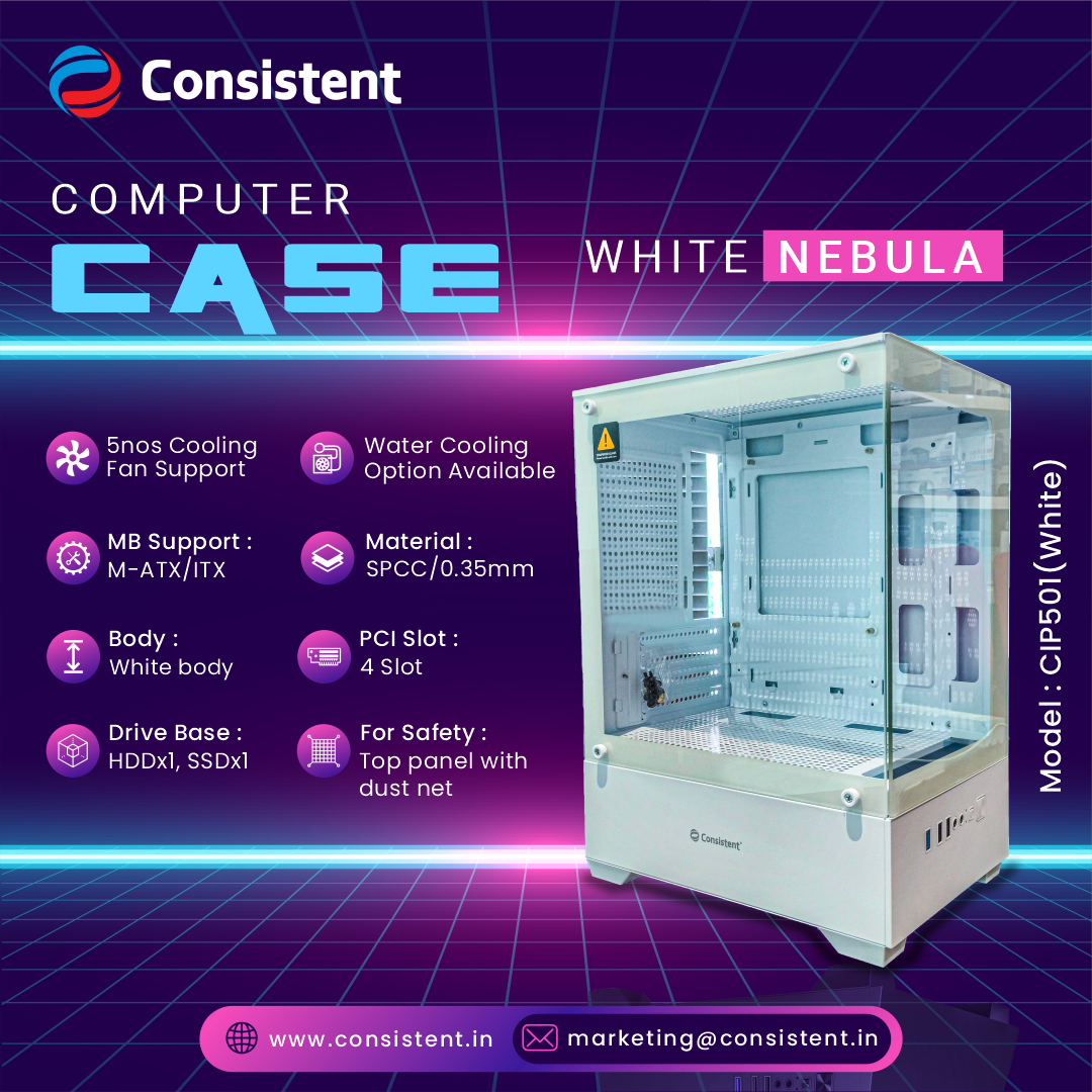 Consistent PC Case (CIP501) White Computer Case | Gaming Cabinet - White | Support ATX, M-ATX, ITX | Infinity Mirror Pre- Installed 3 x 120mm Front and 1 x 120mm Rear ARGB Fans