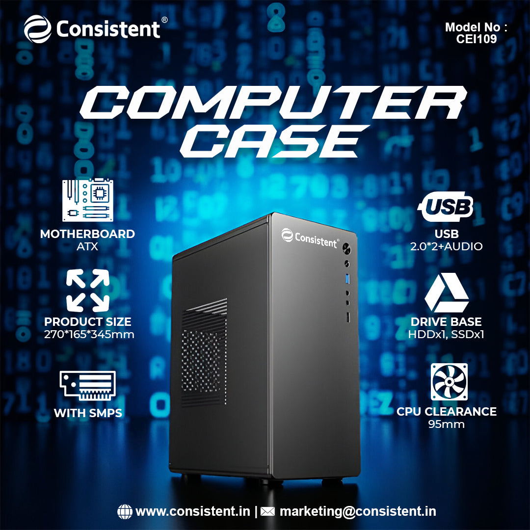 Consistent PC Case without SMPS (CIE109) Computer Case 4 Full Slots VGA Max 250mm Bold Design for Bold Performance.